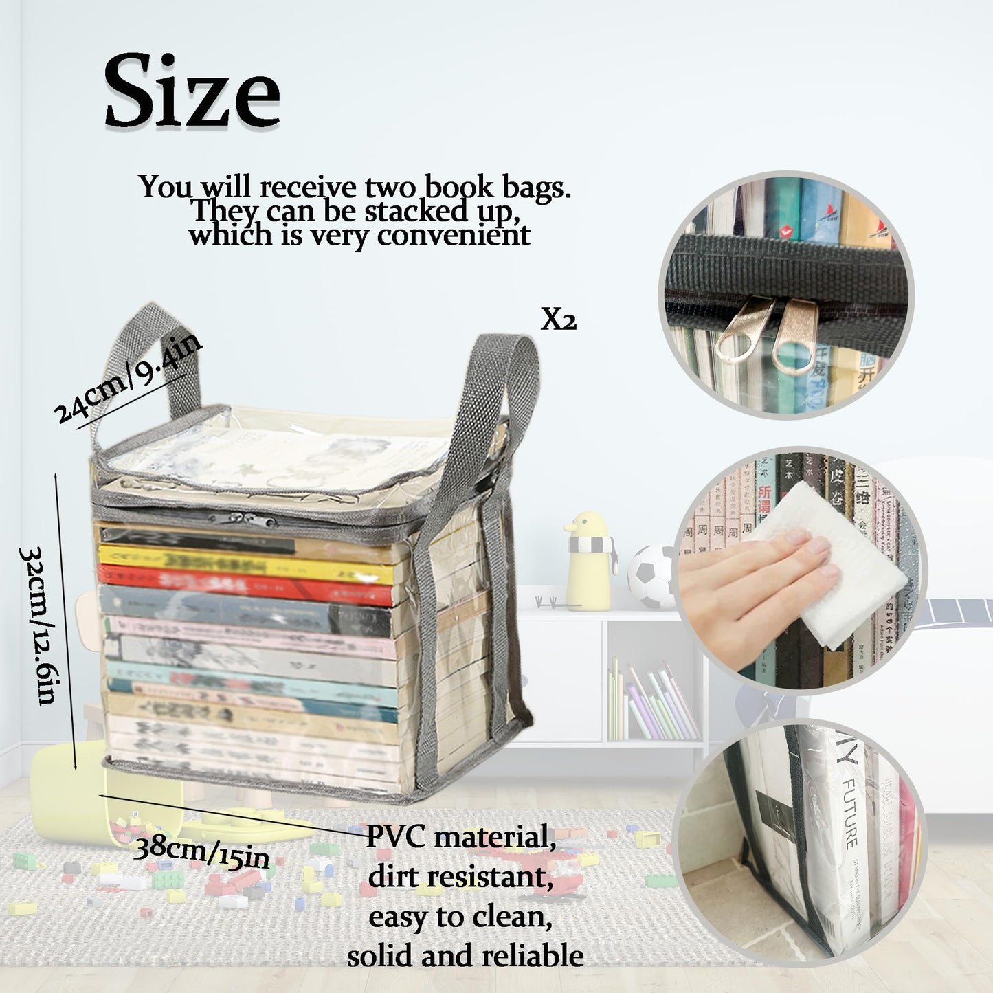 XLANMAY 2PCS Clear Book Storage Bag Plastic Comic Books Organizer Collapsible Book Display Case with Lid and Lifting Handle for Books Used Toys 38x24x32cm/15x9x13inches