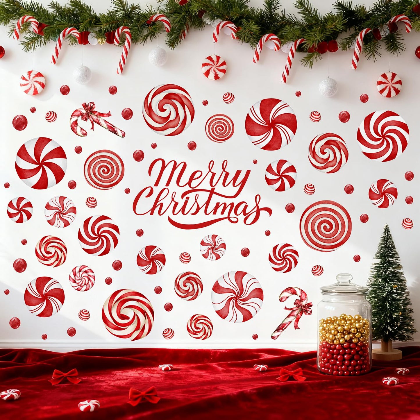 8 Sheet Christmas Wall Decorations Christmas Wall Stickers Retro Floor Decals Peppermint Candy Cane Stickers Decor Xmas Candy Stickers