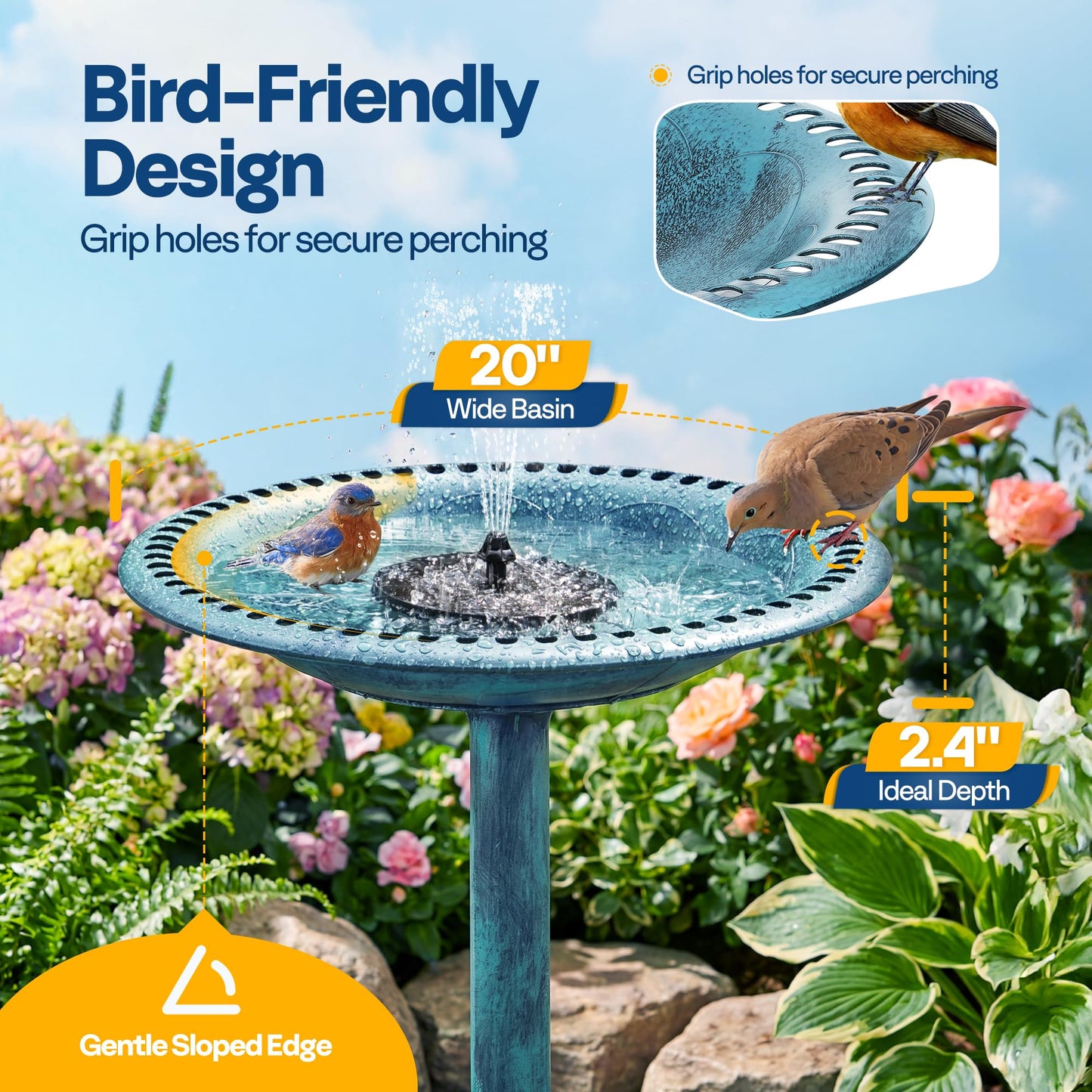 VIVOHOME Bird Bath with Solar Fountain for Outside, Polyresin Pedestal Bird Baths with Solar Powered Pump for Outdoor, Garden, Weather-Resistant Birdbaths with 20" Bowl, Blue