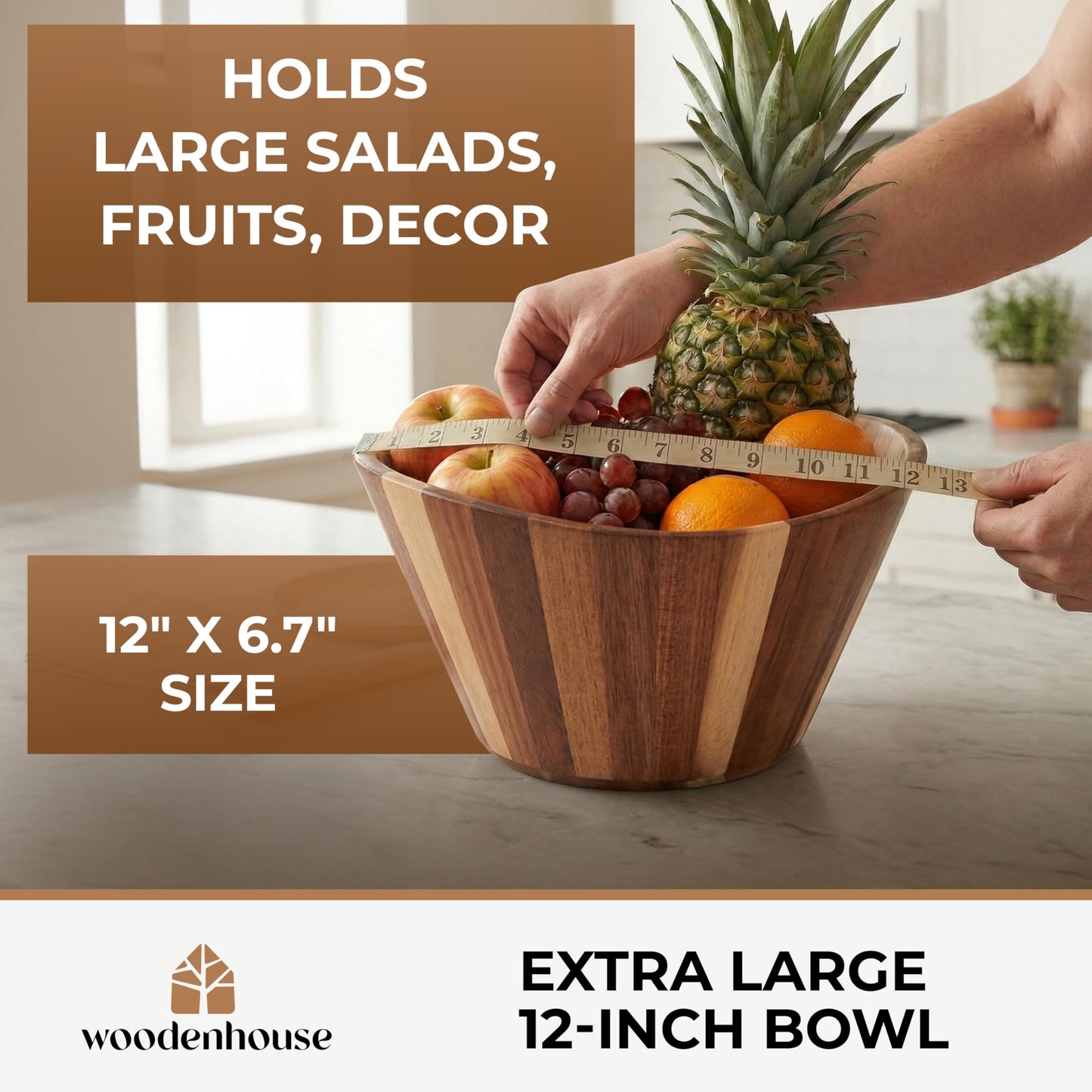 Extra Large Wooden Salad Bowl - Acacia 12” Multi-Purpose Wood Bowls - Decorative Bowls for Home Decor, Storage, Serving, Yarn - Durable Wavy Handmade Design - Wooden Fruit Bowl for Kitchen Counter