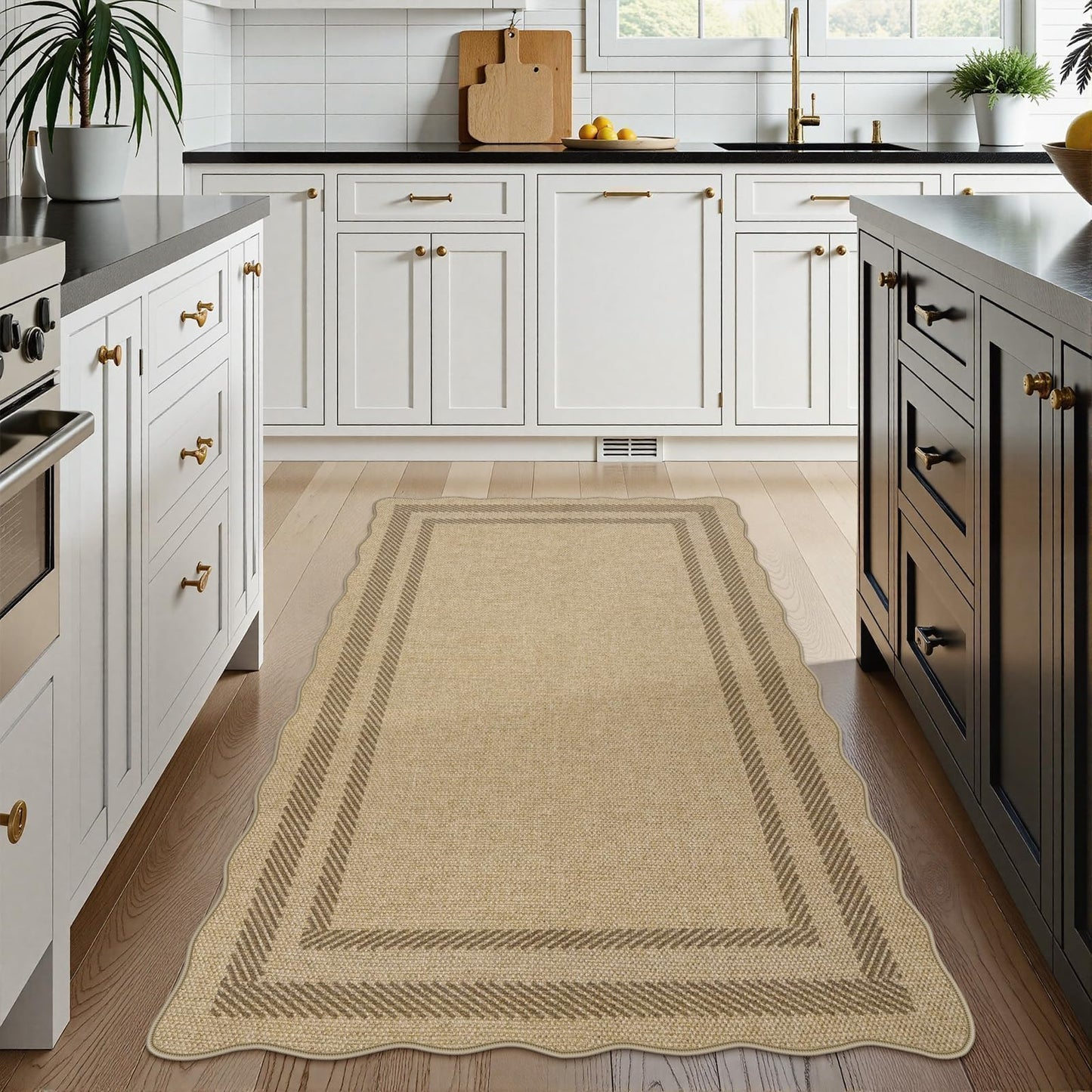 LIVEBOX Scalloped Easy Jute 3x5 Outdoor Rug, Washable Non-Slip Geometric Tan Rugs for Entryway, Indoor Outdoor Farmhouse Rug Modern Carpet Door Mat Area Rug for Patio Bedroom Living Room Kitchen Porch