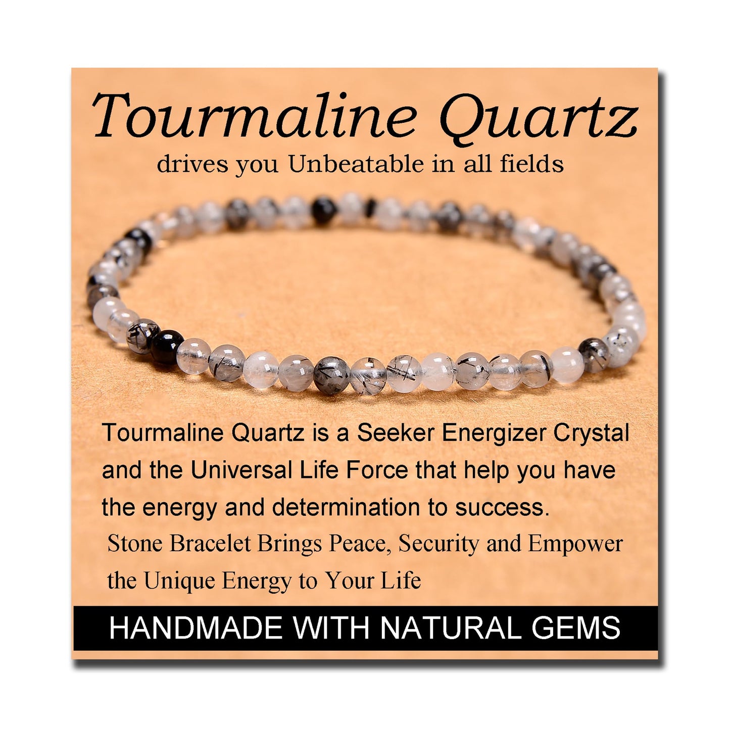 MASSIVE BEADS Tourmaline Quartz - Stone of Unbeatable - Handmade Yoga Stretch Elastic Bracelet Natural Stone Crystal Healing Power Energy Gifts for Unisex Adult 4mm