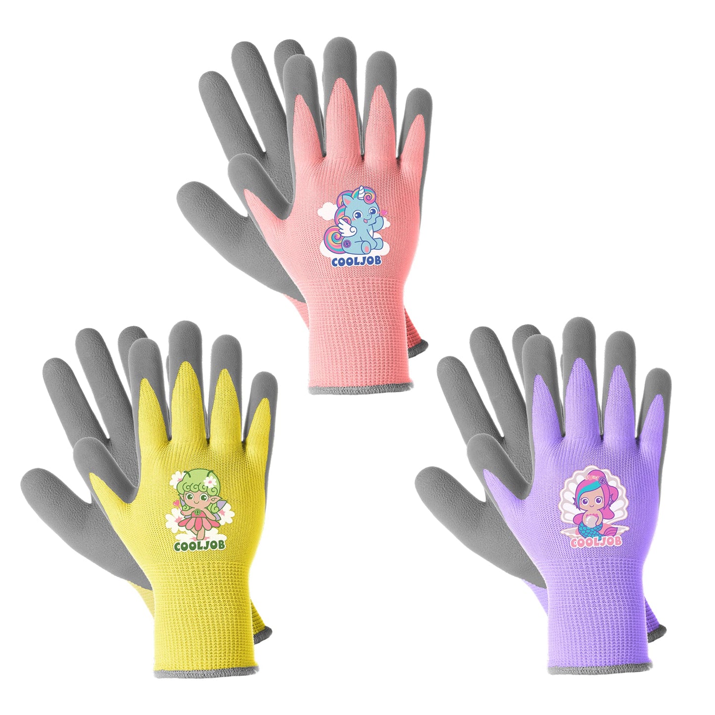 COOLJOB 3 Pairs Kids Gardening Gloves for Age 6-8, Children Toddler Girls Grippy Rubber Coated Work Gloves, Purple & Pink & Yellow (Little Beauty, Medium M)
