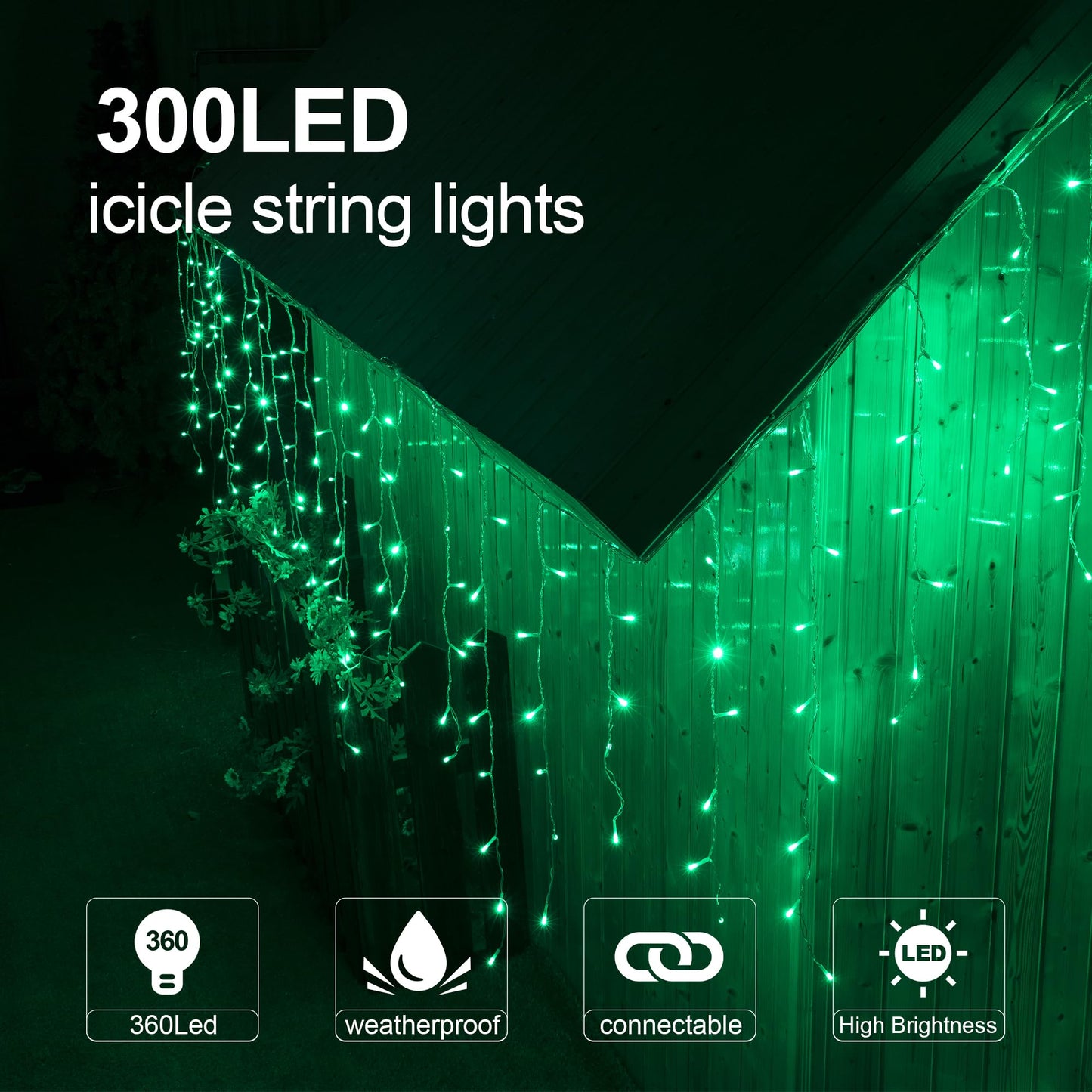 Qunlight 300LED Icicle Lights for Outside,Green Curtain Lights for St Patrick Day,8 Modes with 30V Plug in for Wedding, Party,Bedroom,Home,Garden,Outdoor,Indoor Wall,Christmas Decorations,Connectable