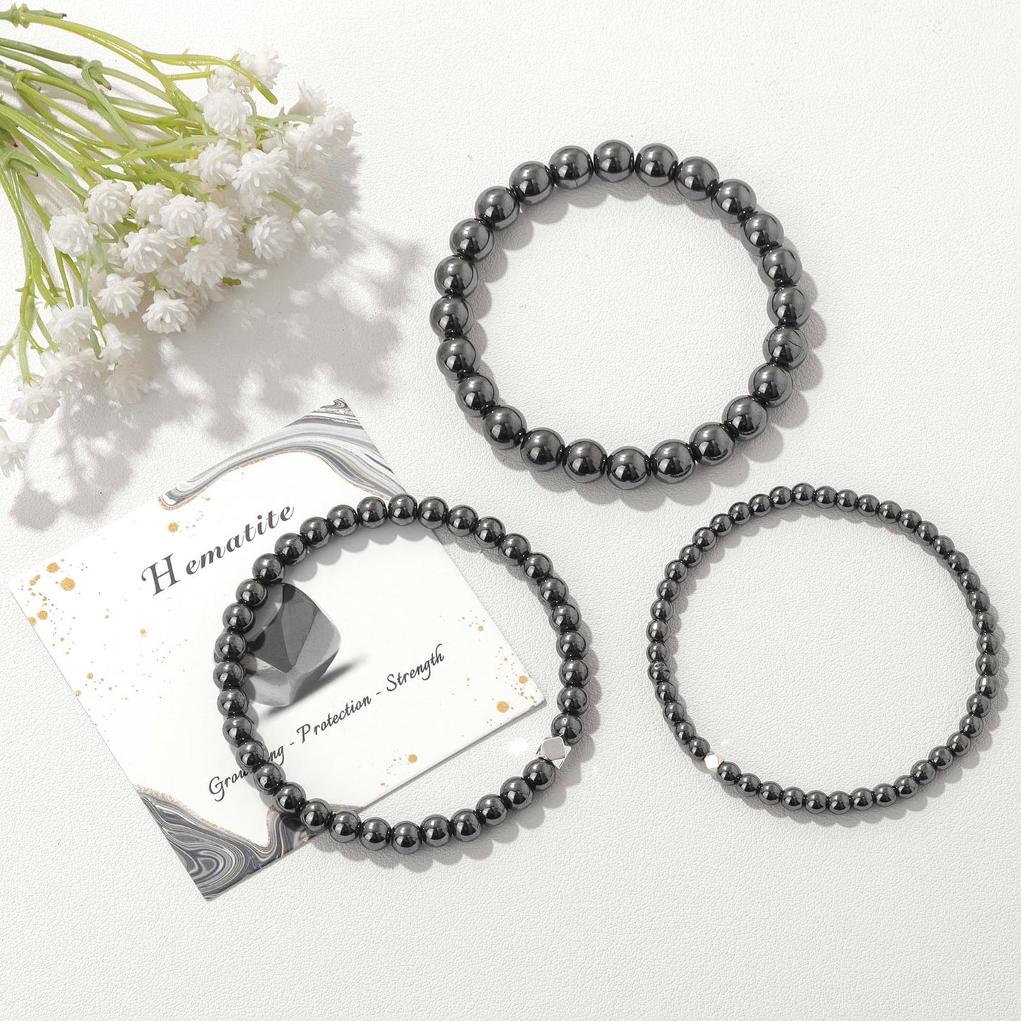 Raicegs 4MM Hematite Beaded Bracelets Healing Crystal Bracelet for Women Men Natural Stone Handmade Stretch Bracelet Reiki Spiritual Jewelry