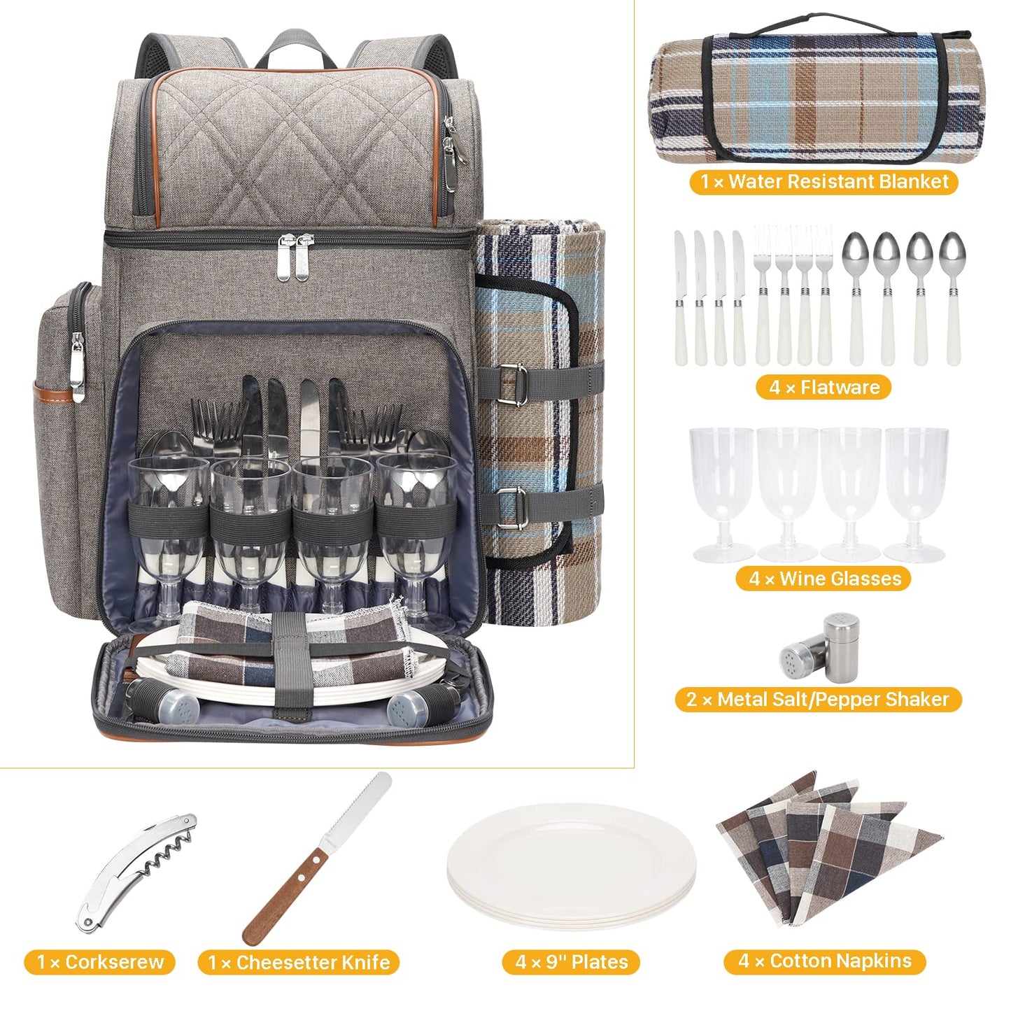 Picnic Backpack for 4, Picnic Basket Set, Leakproof Picnic Bag, Beach Cooler Backpack with Insulated Cooler Wine Pouch,Picnic Blanket, Double Deck Picnic Backpack for Beach,Camping,Park(BrushedKhaki)