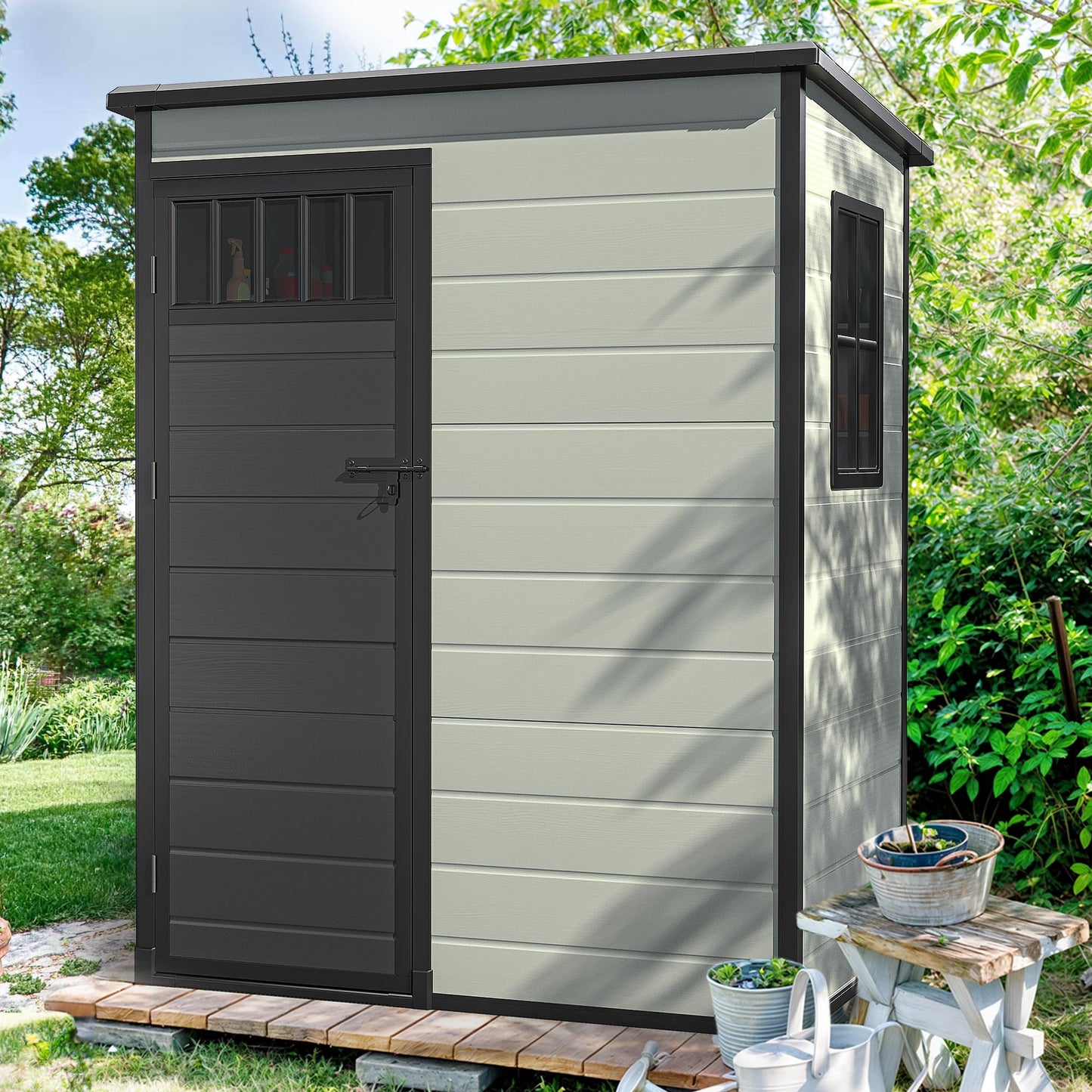 DWVO 5x3FT Outdoor Storage Shed with Fence-Style and Side Windows, Floor & Lockable Doors, Plastic Storage Shed, Storage Shed for Backyard and Garden, Blue-Gray