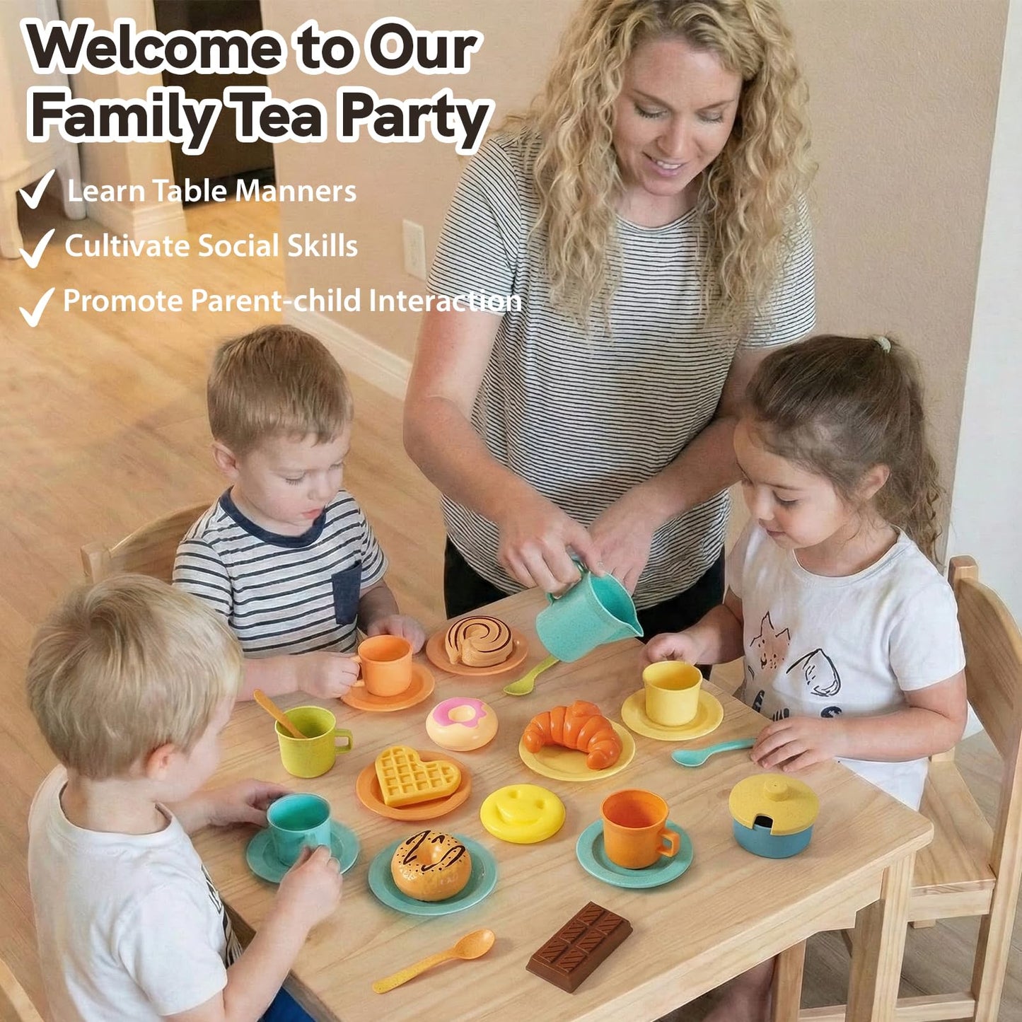 HERSITY Picnic Basket Toys for Toddlers, Kids Play Tea Sets with Teapot Tea Cup Dessert Food and Mat, Pretend Play Kitchen Accessories Tea Party Set Little Girl Boy 3 4 5 Years Old