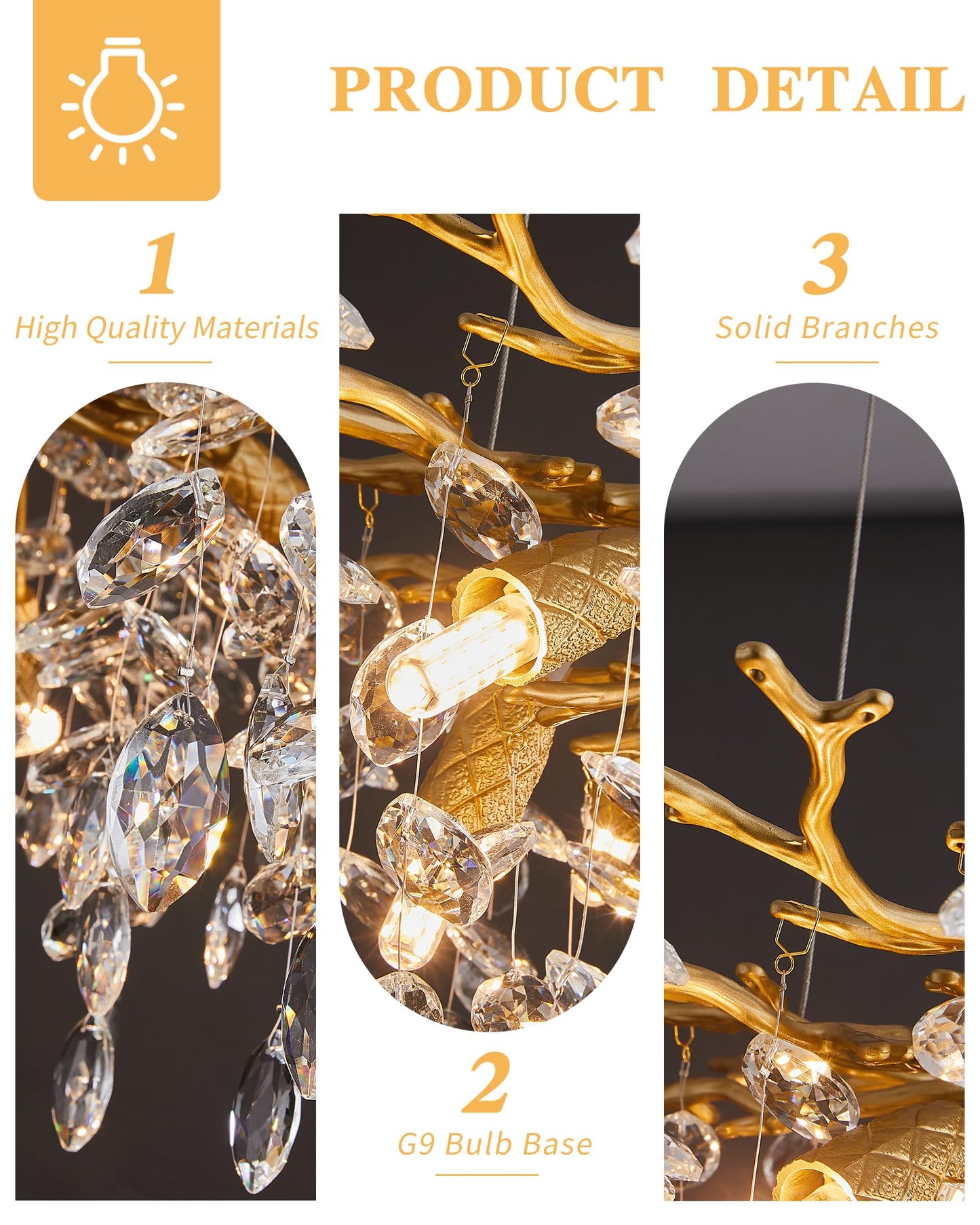 witkey Modern Tree Branch Crystal Chandelier Luxury Gold Crystal Pendant Lighting 23.6" Contemporary 8-Light Chandeliers for Dining Room Kitchen Bedroom Living Room