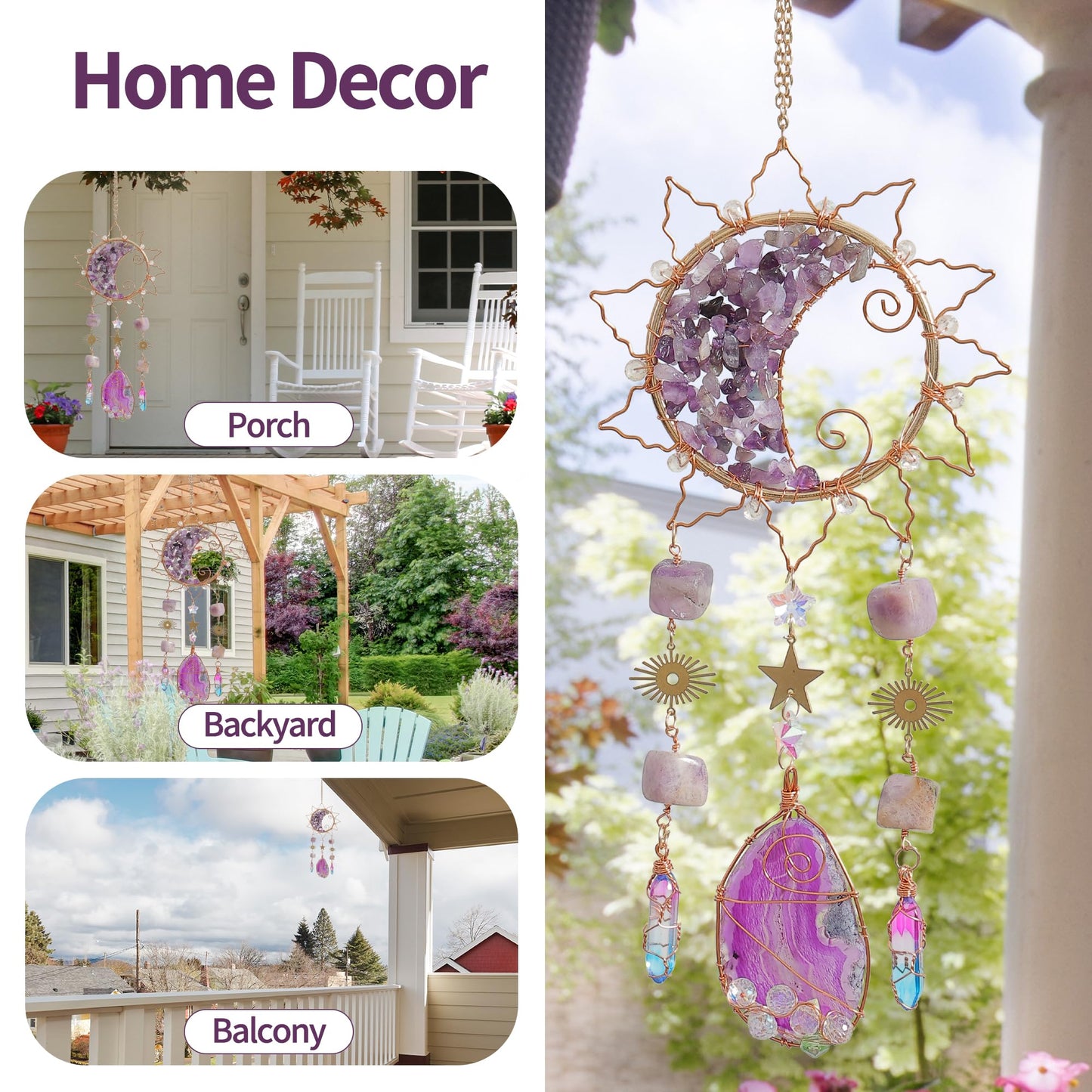 Amethyst Crystal Suncatchers for Windows Hanging Decor Rainbow Sun Catcher for Car Light Catcher Window Wall Garden Outdoor Decoration(Purple)