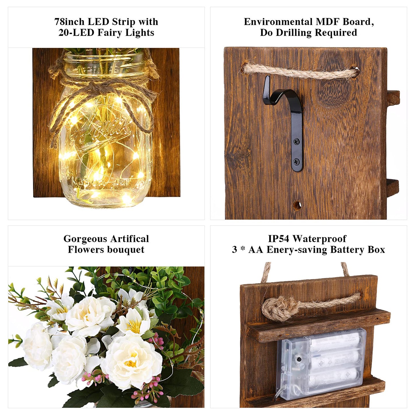 Lightess Wall Decor Mason Jar Sconces with Remote Control, Rustic Home Decor LED Fairy Lights with White Rose, Farmhouse Wall Decorations Lights Set of Two for Dining Room Living Room