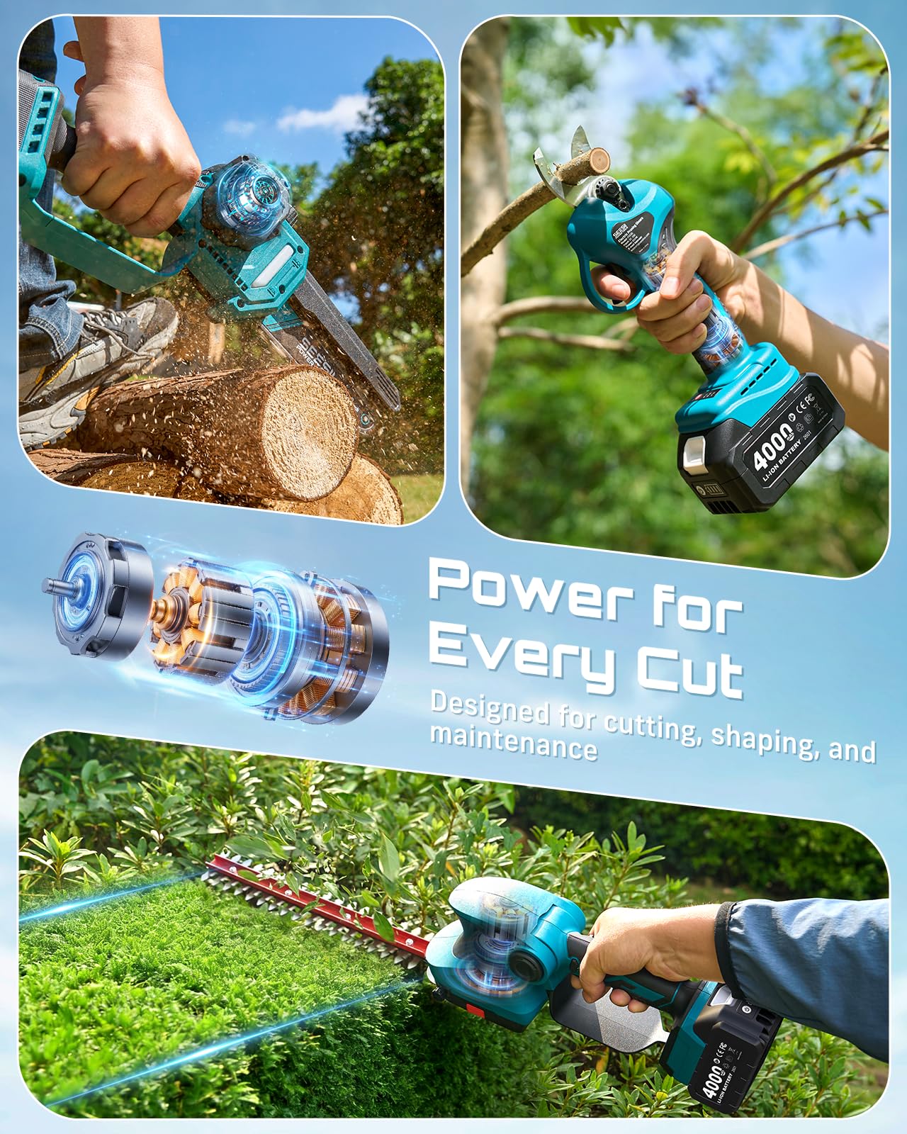 SEESII Electric Chainsaw Trimmer Pruner: 3-in-1 Cordless Chainsaw, Hedge Trimmer, Pruning Shears with 2× Rechargeable 4000mAh Batteries, Garden Tool Kit for Tree Trimming and Branch Cutting