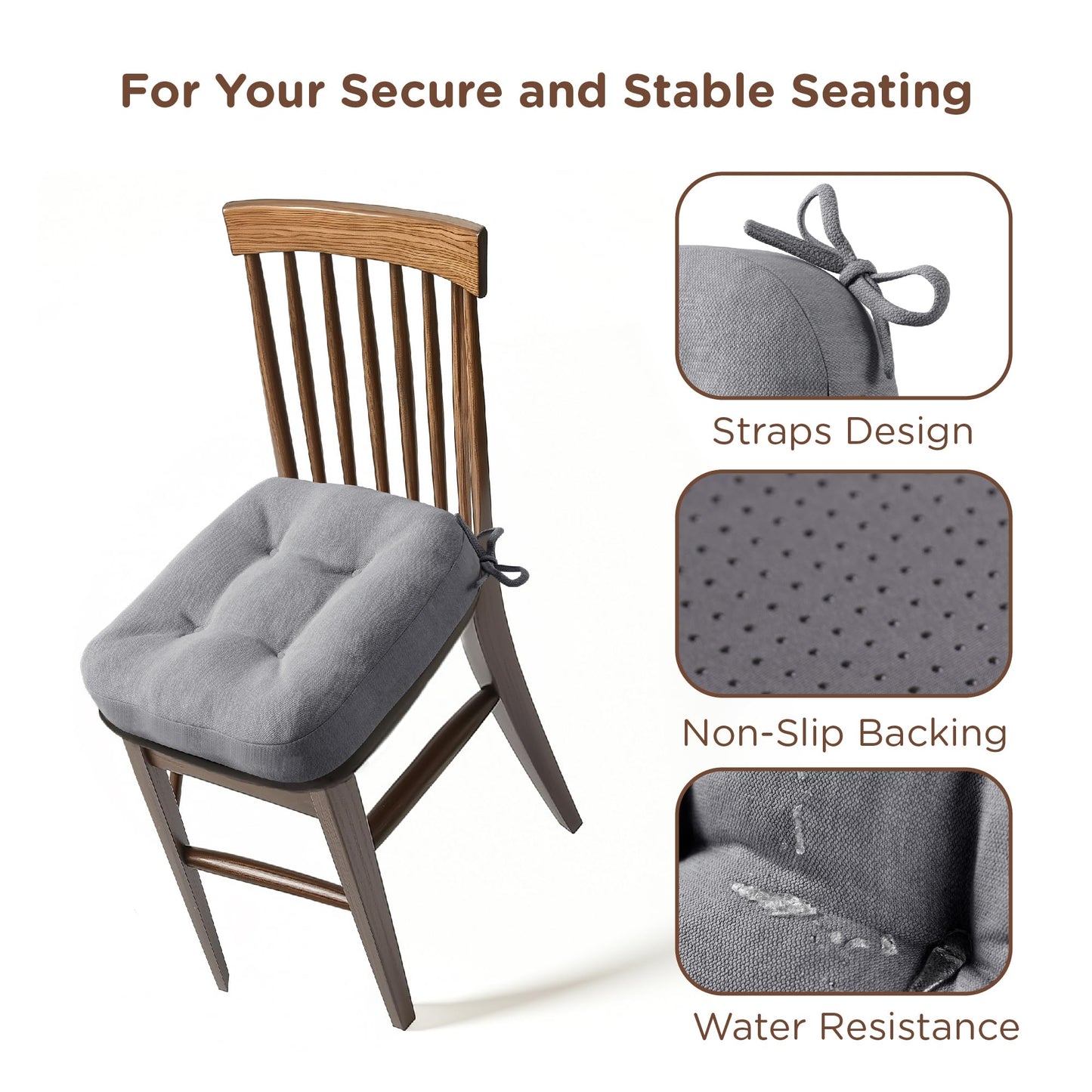 Codi Dining Chair Cushions 4 Pack, Thick Chairs Pads for Indoor Kitchen Room - Washable, Non-Slip Memory Foam Seat Cushion with Ties, 16.5"x16.5"x 3.5", Set of 4, Grey New