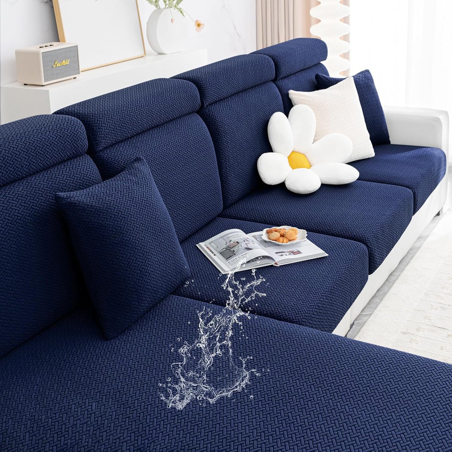 Smiry Waterproof Couch Cushion Covers, Stretch Jacquard Thick Sofa Cushion Covers, Washable Seat Slipcover Elastic Furniture Protector for Pets, Kid (Medium, Navy)