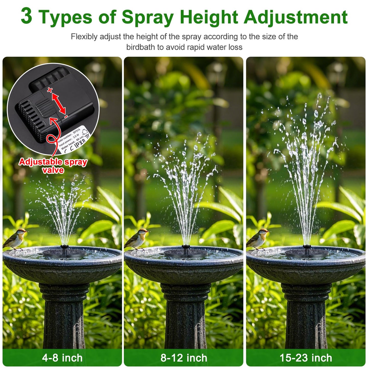 SEIRMEP Solar Fountain Pump with Spray Height Adjustment, Upgrade Glass Solar Bird Bath Fountains with 6 Nozzles, Outdoor Solar Water Fountain Pump for Bird Bath, Garden, Pool, Pond