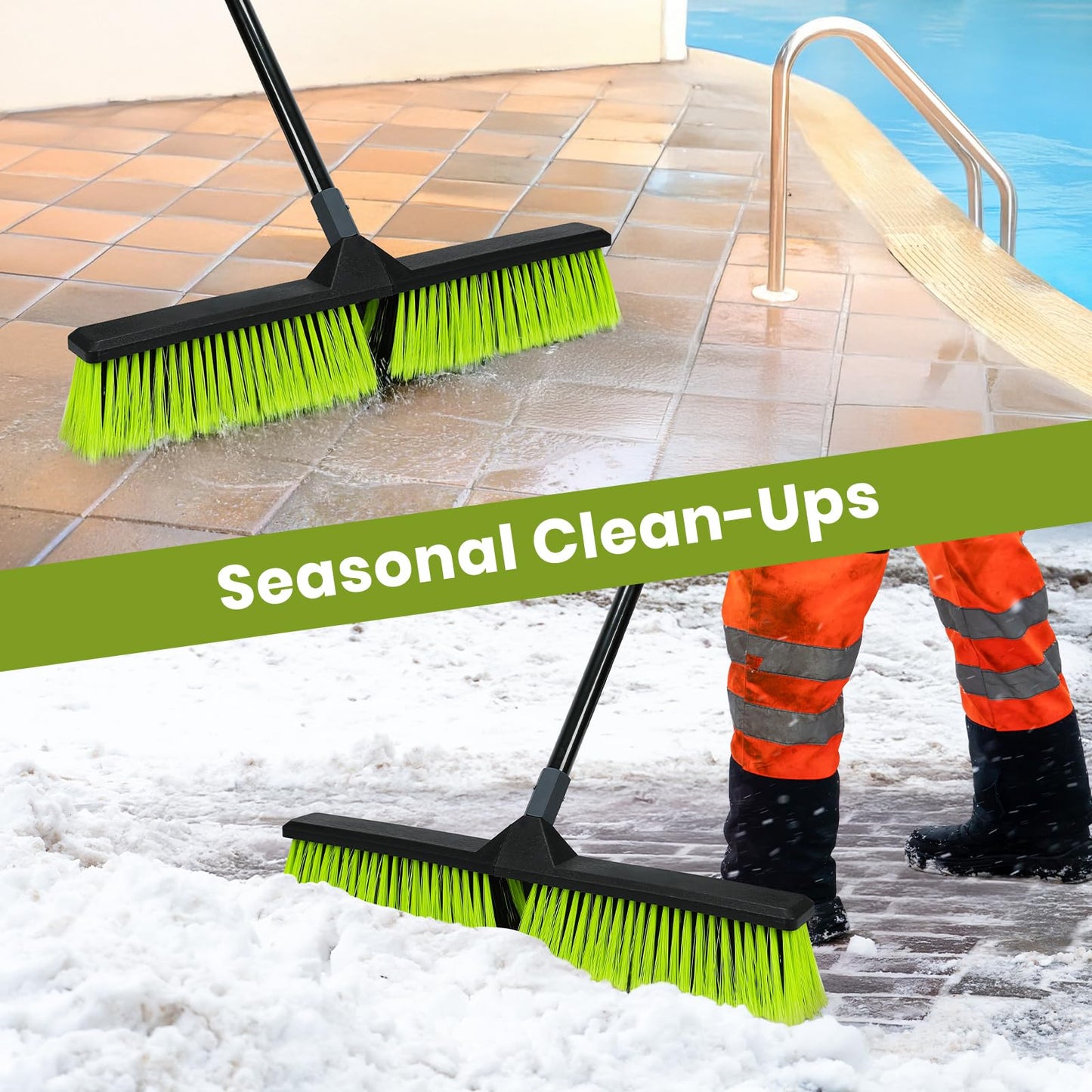 3 PK 24" Push Broom Outdoor, Heavy Duty Broom with 63" Long Handle, Shop Garage Broom with Stiff Bristle for Indoor Outdoor Floor Cleaning, Garden Patio Deck Warehouse Lawn Driveway Scrubbing