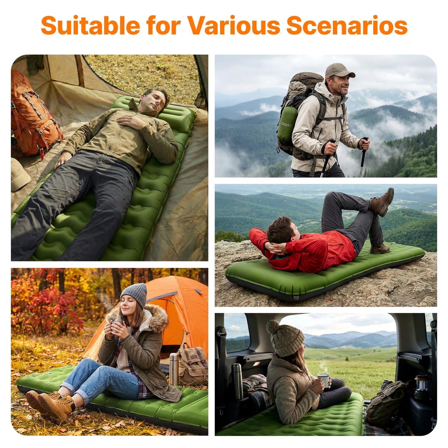 OGERY Sleeping Pad, Ultralight Inflating Sleeping Pad for Camping with Pillow Built-in Foot Pump, 6" Extra-Thick Reinforced Camping Pad for Hiking, Backpacking, Tent, Single,Green