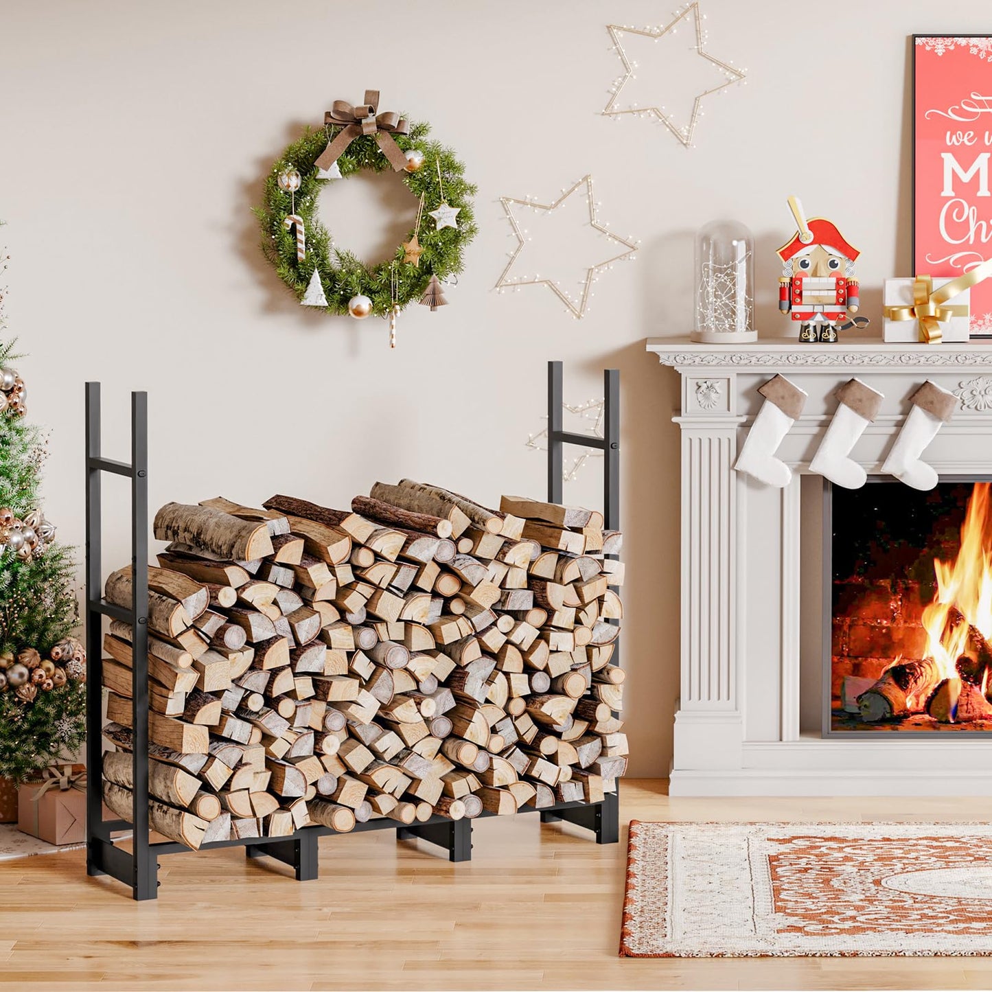 HOOBRO 4FT Firewood Rack with Cover, Outdoor Firewood Log Rack, Adjustable Log Holder with Waterproof Cover, Fireplace Wood Storage, Heavy Duty Wood Holder, for Indoor and Outdoor, Black BB01CH02