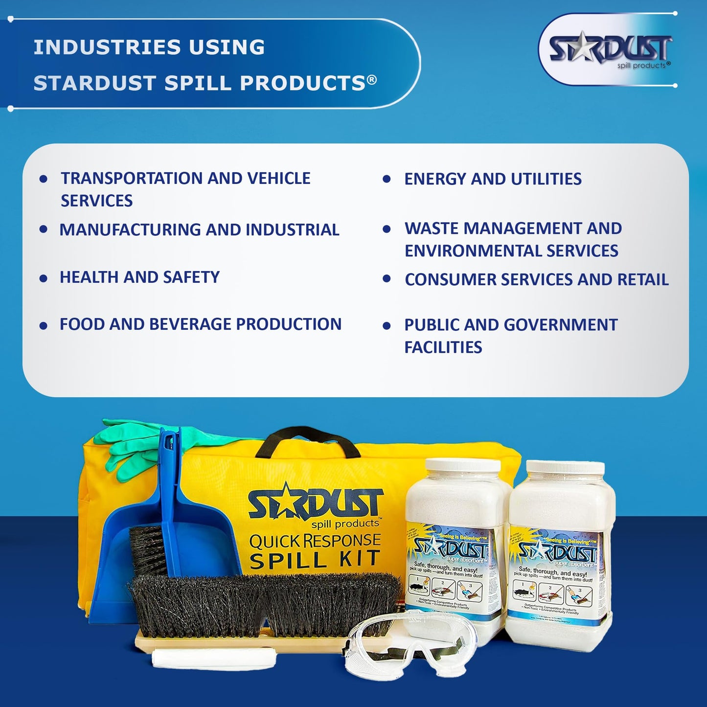 STARDUST Spill Products D710 Comprehensive Quick Response Spill Kits for Vehicles with Heavy Duty Duffle, (2) 5-Quart Dispenser, PPE Kit, Broom Head, Broom Handle, Dust Pan, (10) Disposal Bags