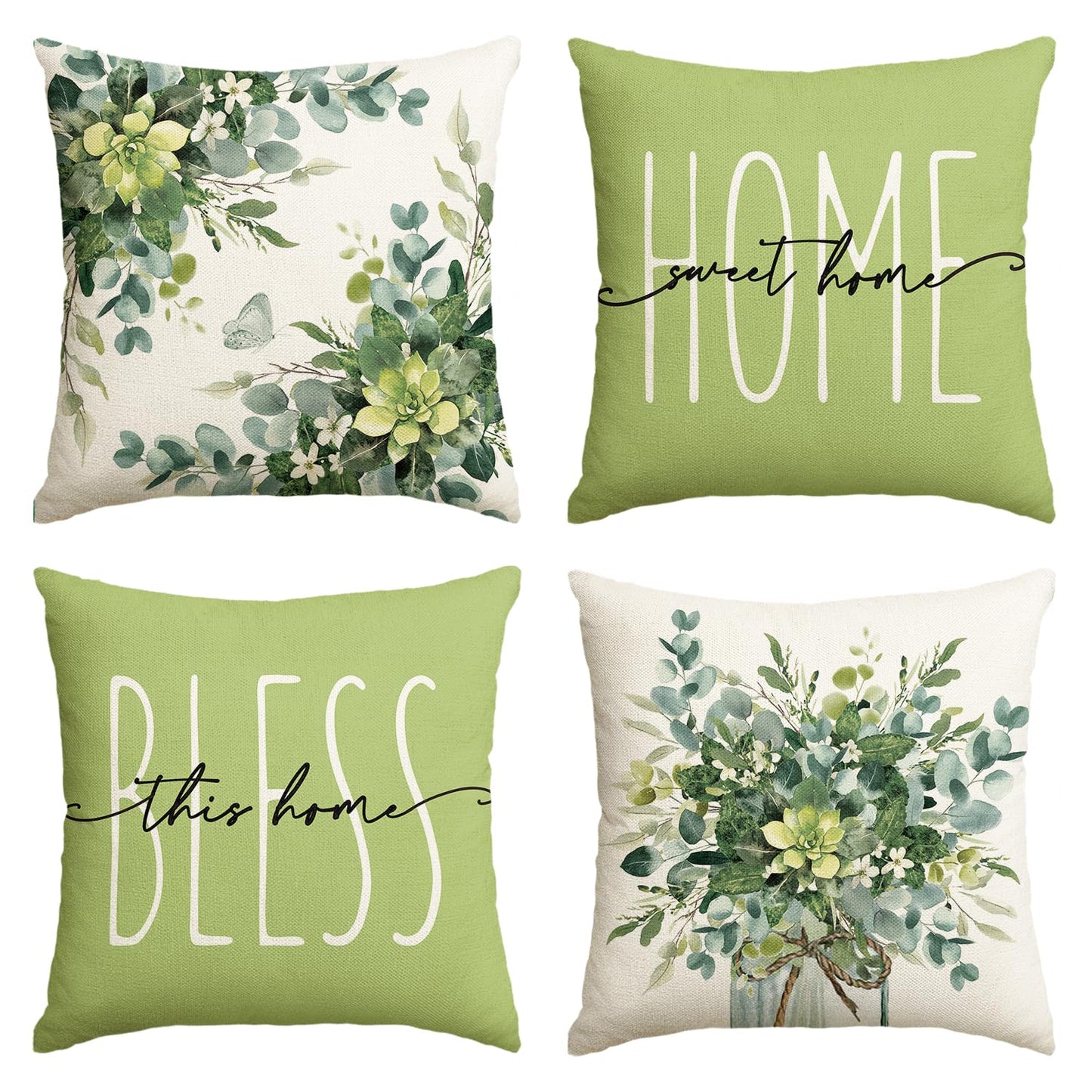 AVOIN Colorlife Home Sweet Home Eucalyptus Leaves Green Throw Pillow Covers, 18x18 Inch Spring Summer Seasonal Decorations Set of 4
