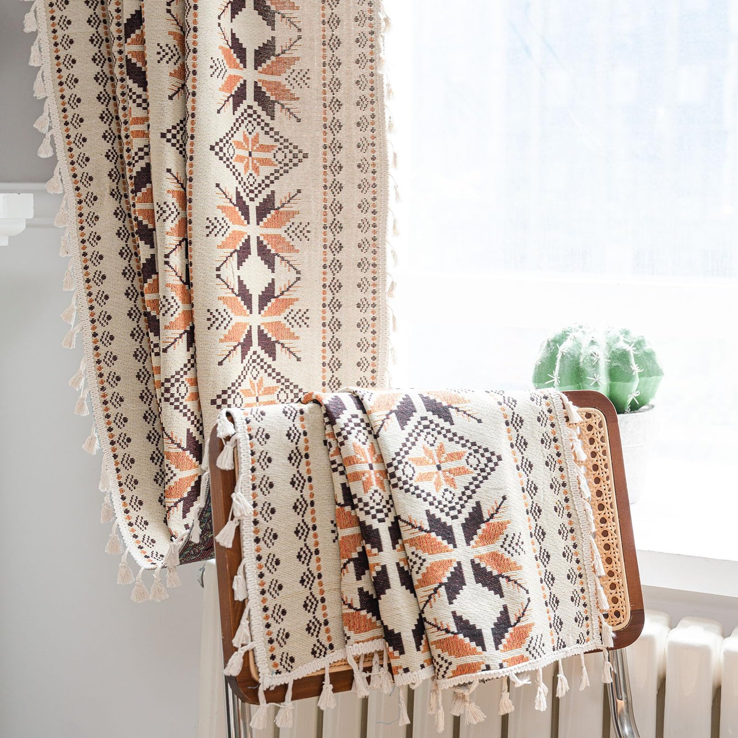 Boho Western Curtains 84 Inch Length 2 Panels Geometric Patterned Drapes Bohemian Semi Sheer Rod Pocket Tassel Window Curtain Panels Bedroom Living Room Farmhouse Coffee Brown Vintage Rustic Curtains