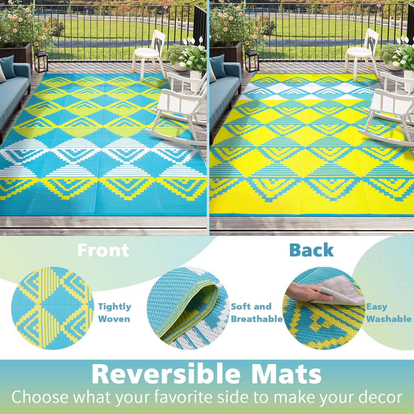 Beeiva Outdoor Rugs 8x10 Waterproof, Modern Geometric Reversible Plastic Straw Patio Mat, Large Foldable Outside Rug for Camping, Porch, Deck, Backyard, Balcony, Picnic - Blue & Yellow