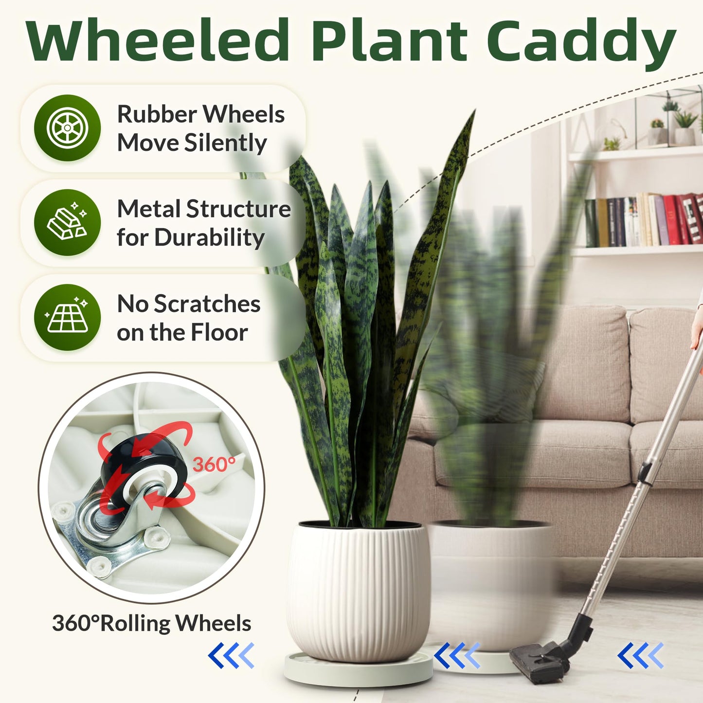 REDHUGO 2PCS Round Plant Caddy with Hidden Wheels, Heavy Duty Rolling Plant Stand Caddy with Wheels, Pot Base for Indoor Outdoor, Beige, 10 inches