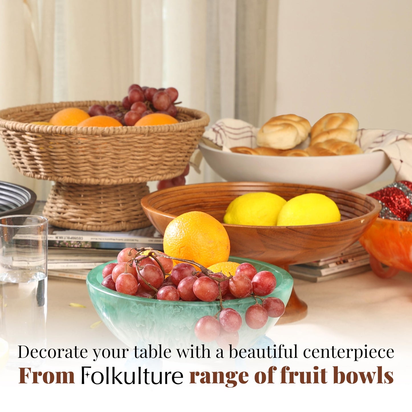 Folkulture Wooden Fruit Bowl for Kitchen Counter | 12" Large Premium Eco Friendly Banana Fruit Basket for Kitchen | Acacia Wood Bowl with Holder, Pedestal for Table Decor, Centerpiece for Dining Table
