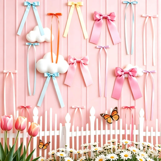 42Pcs Bows Wall Birthday Decorations Bulk 12.2 Inch Pink Blue Spring Summer Tree Long Ribbon Bow Photo Backdrop Decor 7 Color for Wreaths Room Holiday Birthday Wedding Bridal Baby Shower DIY Crafts