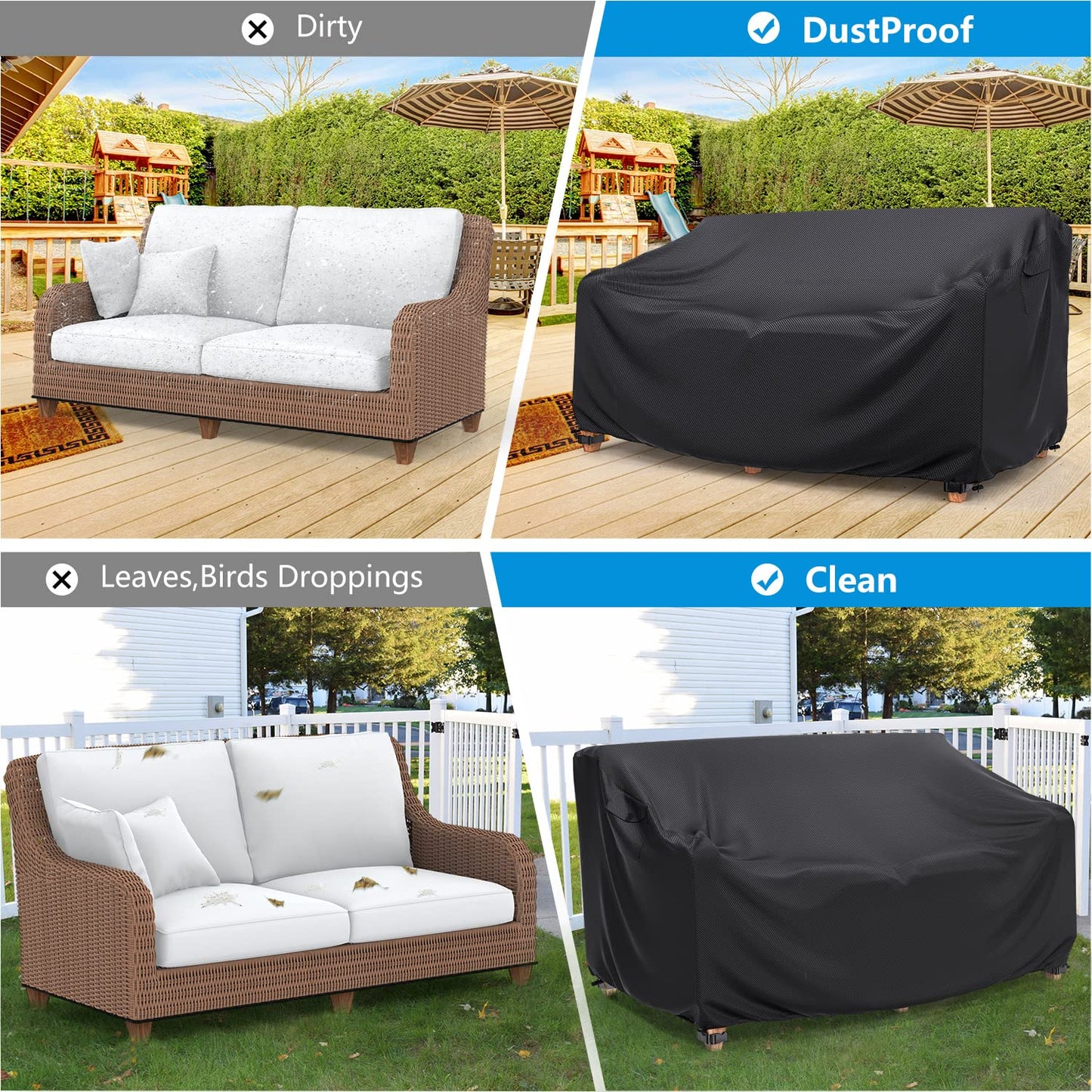 Heavy Duty Patio Sofa Cover Waterproof, Mrrihand 2-Seater Outdoor Sofa Loveseat Cover, Outdoor Patio Furniture Cover with Air Vent and Handles, 60" W×34" D×30" H, Black