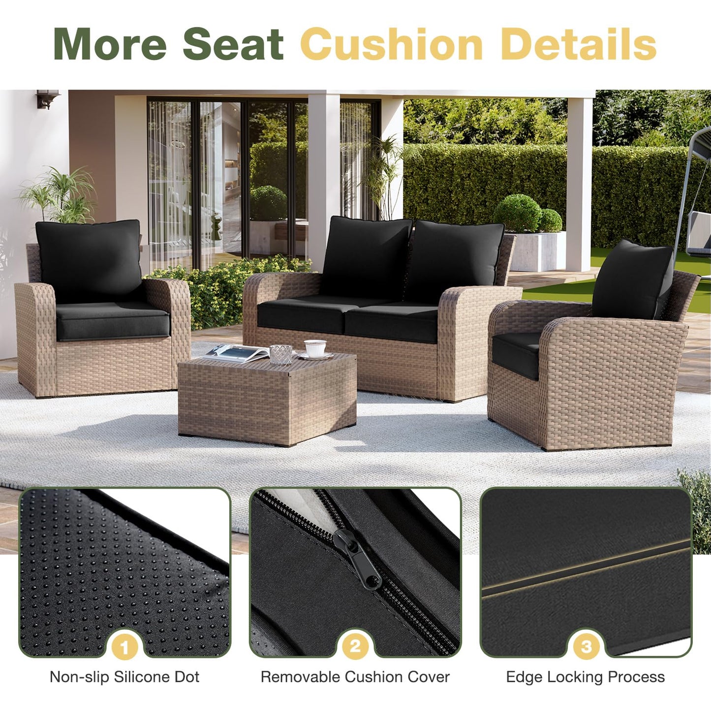 Aoxun Replacement Cushions for Outdoor Furniture, 4-Piece Outdoor Cushions for Patio Furniture, Deep Seat, Waterproof & Fade Resistant Couch Cushion for 4-Seat Patio Conversation Sets, Black