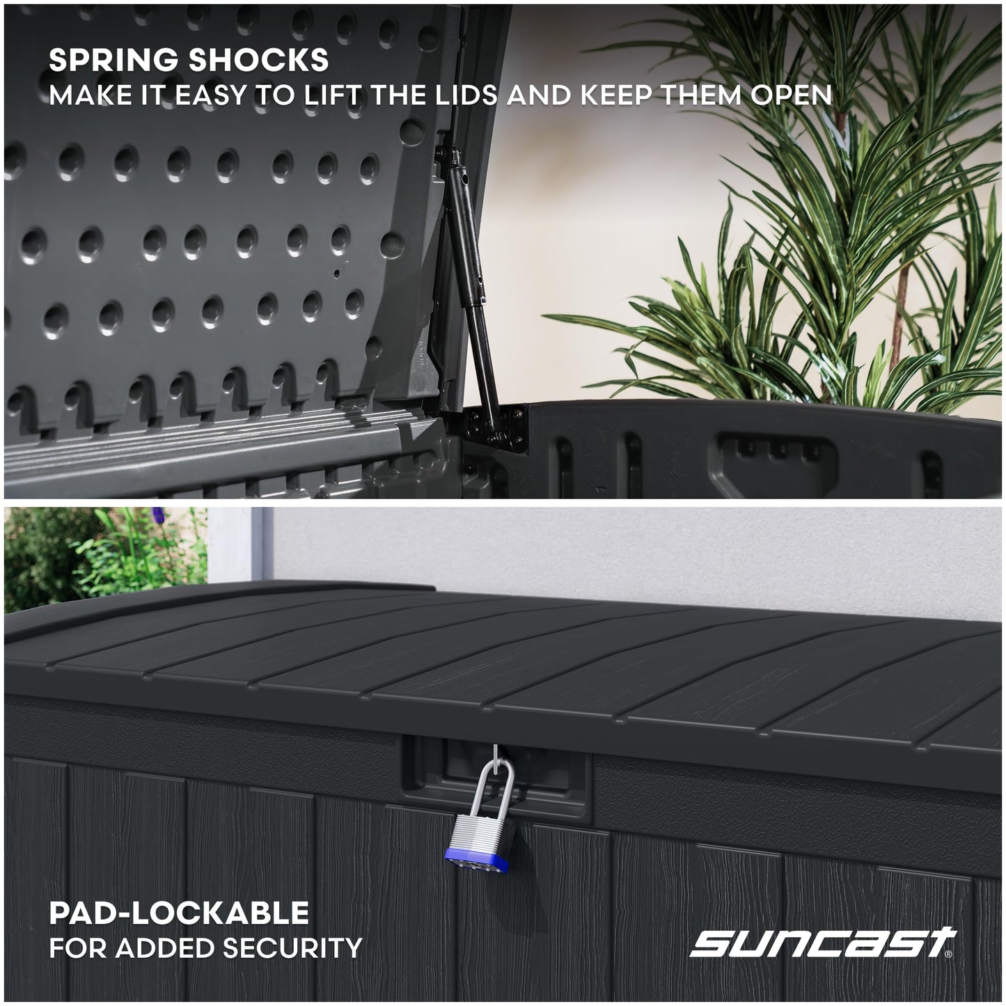 Suncast 134-Gal. Resin Extra-Large Outdoor Patio Deck Box with Pad-Lockable Lid, Modern Outdoor Patio Bench/Storage Box for Cushions, Garden Tools, and More, Iron Ore