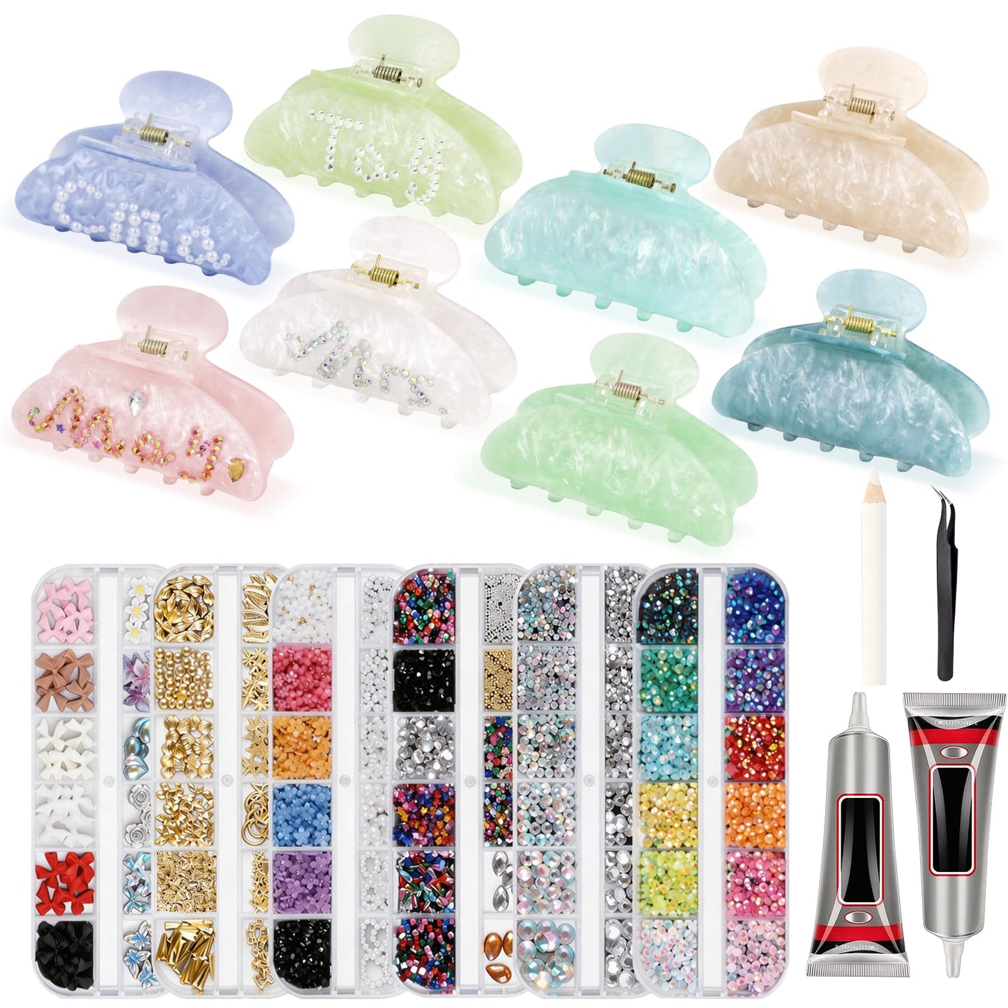 8 Sets DIY Hair Claw Clips Kit for Crafts, Acrylic Claw Clips Bulk with 72 Accessories & 4 Tools, Custom Hair Clip Making Kit, Resin Rhinestone Decor Claw Clip Set for Women Adults DIY Craft