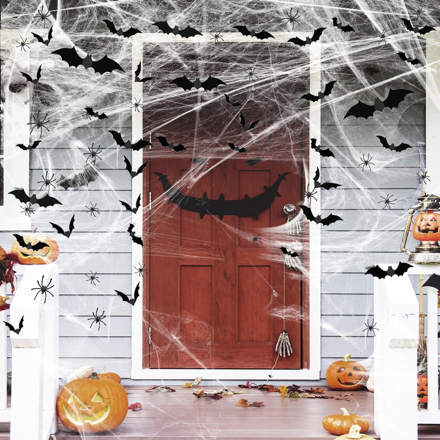 Famoby 1200 sqft Halloween Spider Webs and 120pcs Fake Bats and 50pcs Fake Spiders Super Stretch Cobwebs Party Decorate for Halloween Theme Indoor and Outdoor Decoration