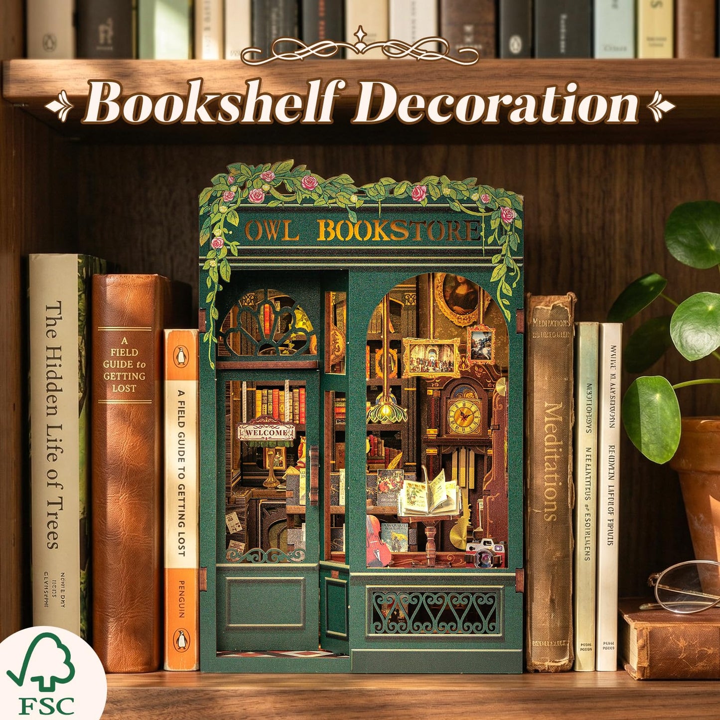CUTEBEE Book Nook Kit - DIY Miniature House Kit for Adults, Teens and Beginners, Dollhouse Booknook Library Tiny House Bookshelf Decor 3D Wooden Puzzle, Gifts for Family, Friends (Owl Bookstore)