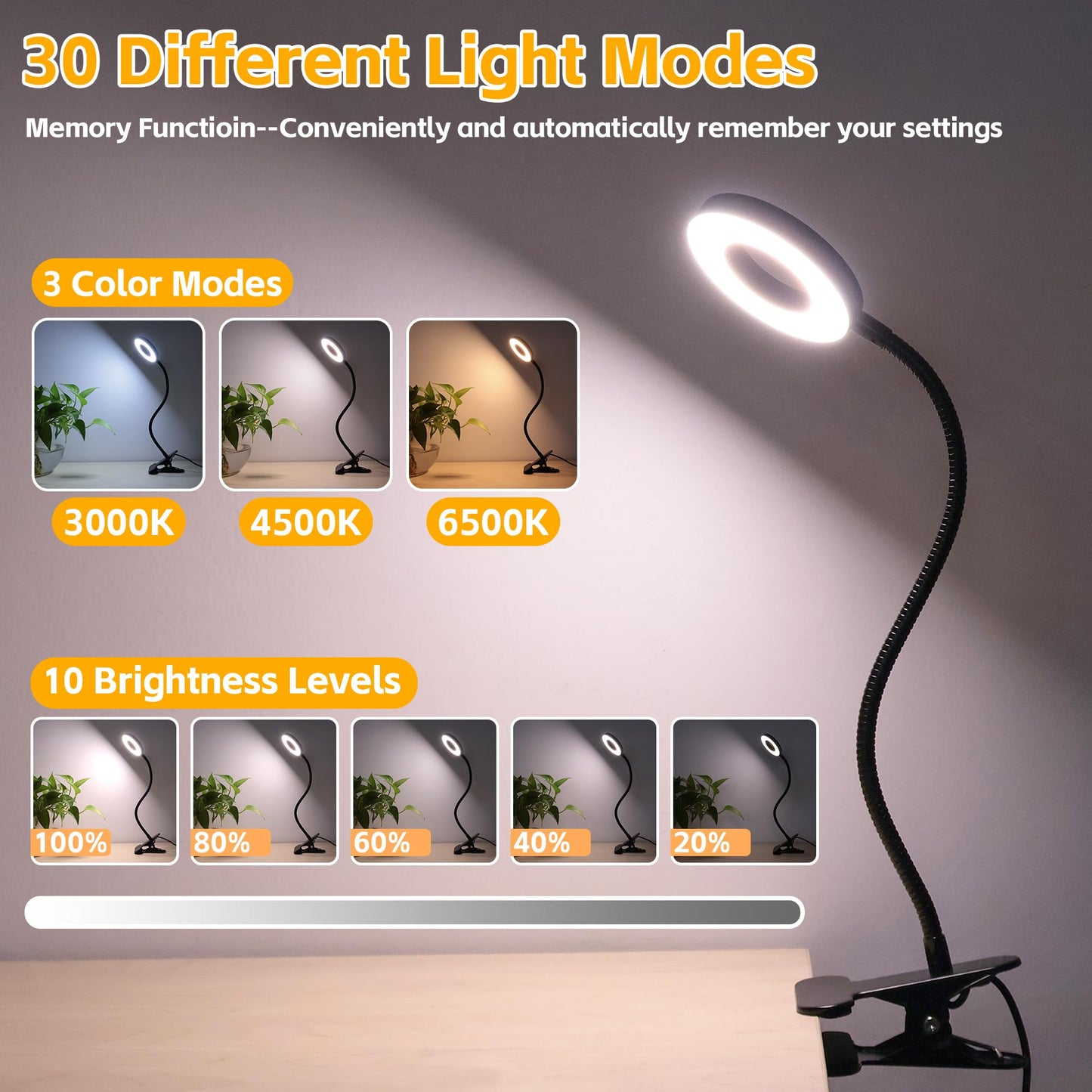 Foneso Desk Lamp Clip on Light, 48 LED USB Lamp with 3 Color Modes 10 Brightness Levels, 360° Flexible Gooseneck Eye Protection Bed Night Light for Reading, Makeup, Craft (Black)