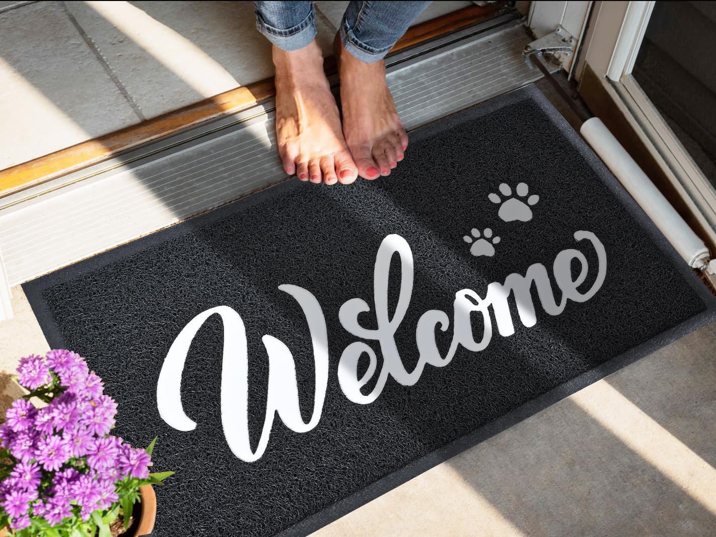 T.HENV Welcome Mat Outdoor, 30x17.5 Waterproof All-Season Front Door Mat Outside Entrance, All-Weather Quick Drying, Low Profile Doormat Indoor, Patio Porch Entryway Mats, Black-White