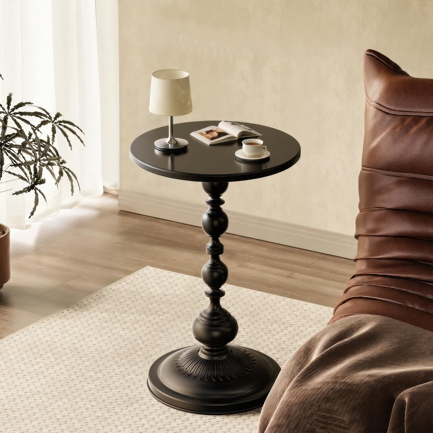 NTSJJTSS Side Table - Small Round Metal Accent Table for Living Room, Bedroom, Office - Modern Matte Black Pedestal Coffee Table for Small Spaces - 21" Height, Compact Drink Table for Sofa, Corners