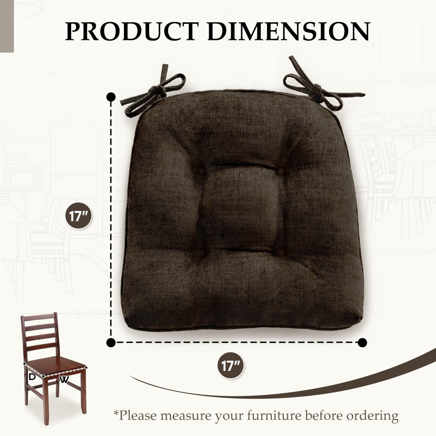 HARBOREST Chair Cushions for Dining Chairs Set of 2 - Chenille Tufted Kitchen Chair Cushions with Ties and Non-Slip Bottom, Foam Chair Pads for Dining Chairs, 17" x 17", Chocolate