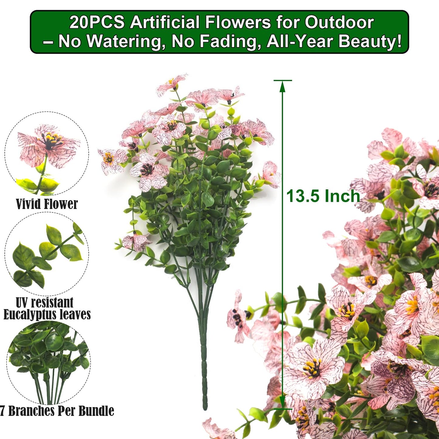 Grunyia 20 Bundles Artificial Flowers for Outdoors, UV Resistant Fake Plants Flowers Greenery Shrubs Plants for Decoration Outside Plants Hanging Planter Home Garden Decor (Pink)