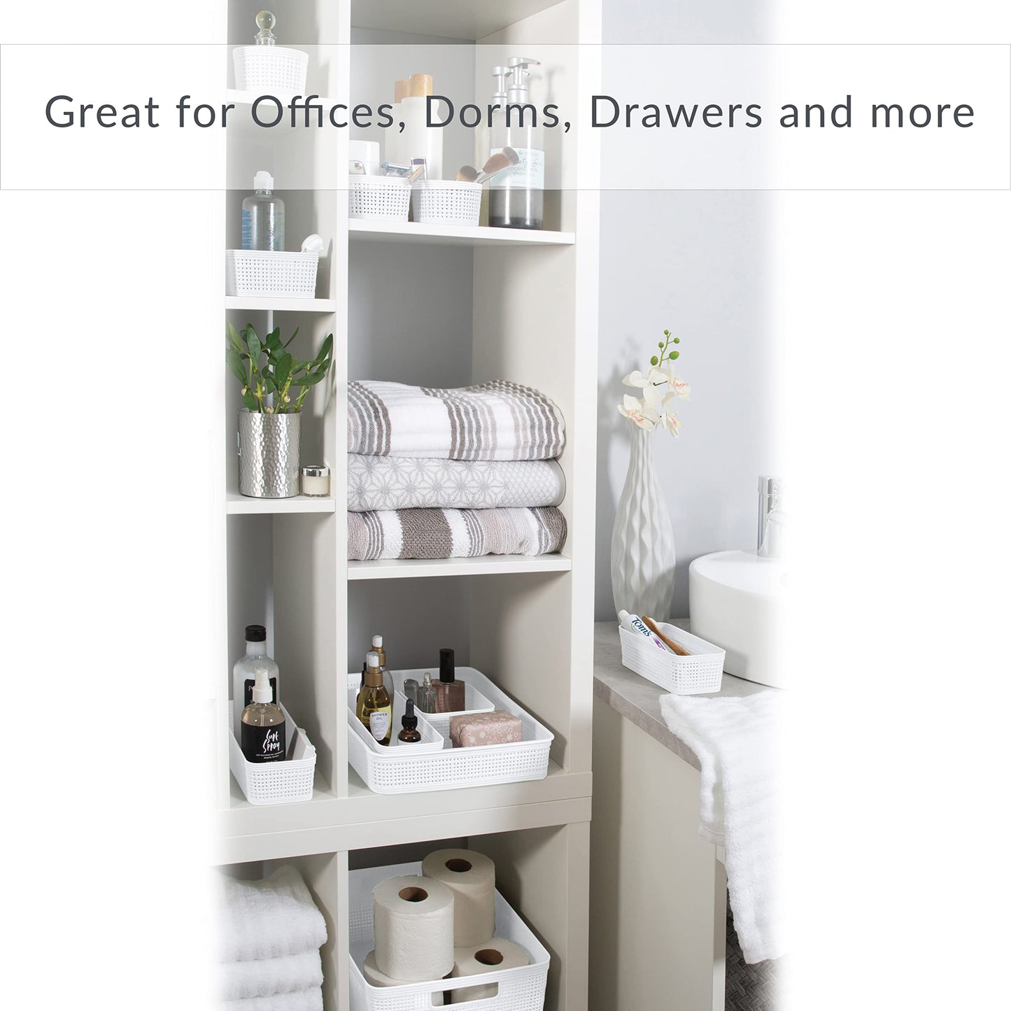 Simplify 6 Piece Organizing Set | Multiple Size Bins | Multipurpose | Office | Desk | Dorm | Bathroom | Storage Basket | Small Items | Accessories | White