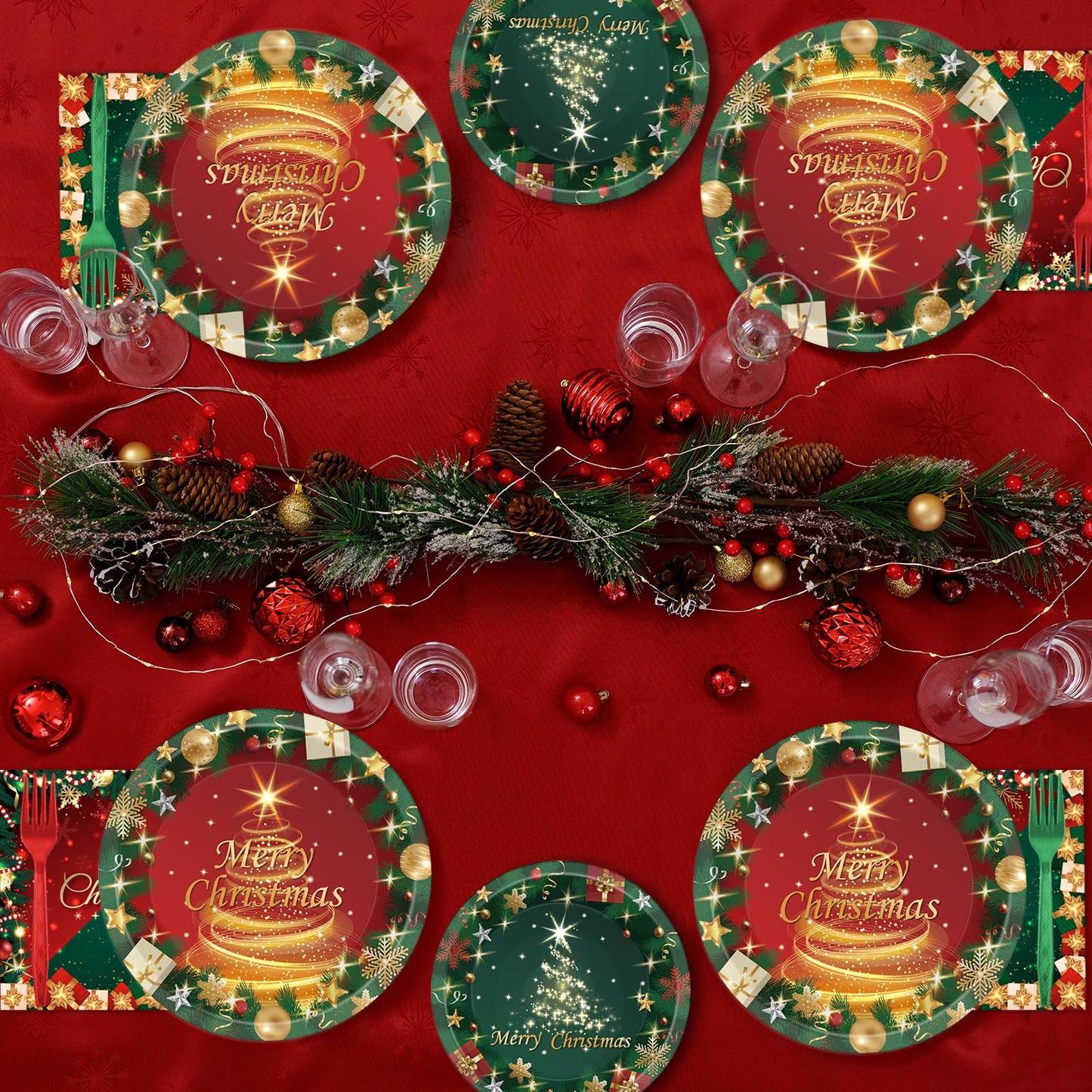 96PCS Christmas Party Supplies - Paper Plates & Napkins in Red & Green - Serves 24 - Xmas Tree Party Decorations & Favors