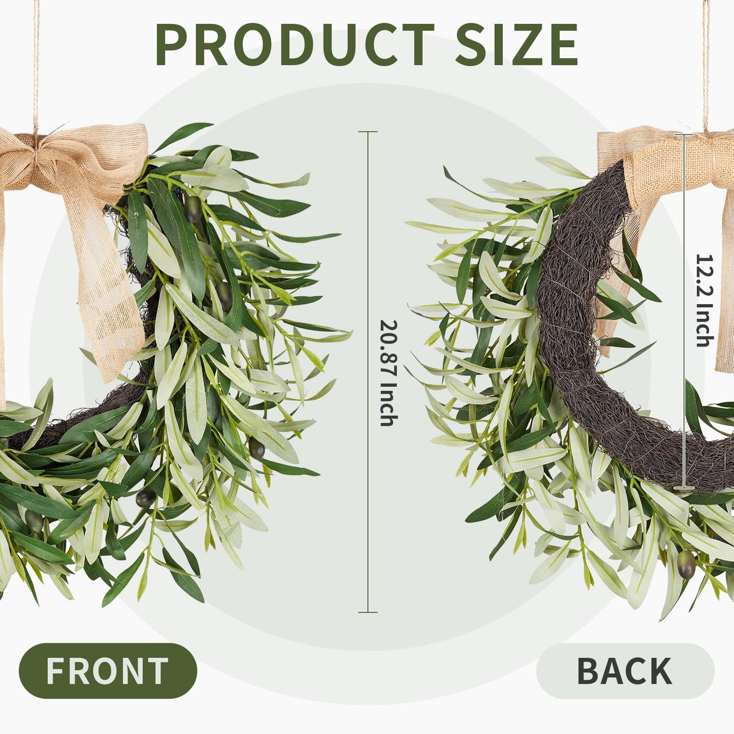 20.87 Inch Artificial Olive Wreaths for Front Door, Real Touch Green Leaf Olive Fruit Spring Flower Swag, Perfect for Wedding Home Outdoor Indoor (1PCS)