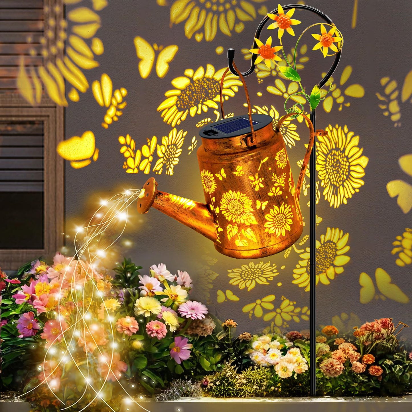 Solar Lights Outdoor Waterproof, Sunflower Solar Watering Can Lights with Shepherd Hook, Birthday Gifts for Mom Grandma Women Mother's Day, Metal Hanging Lantern Garden Decor Yard Outside Patio Lawn
