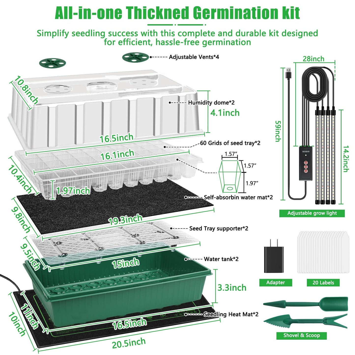 2 Set 120-Cell Seed Starter Kit with Seedling Heat Mat, Self-Watering Seed Starter Tray with Adjustable Brightness Timed Grow Light Humidity Domes, Indoor Seedling Starter Tray Plant Germination Kit