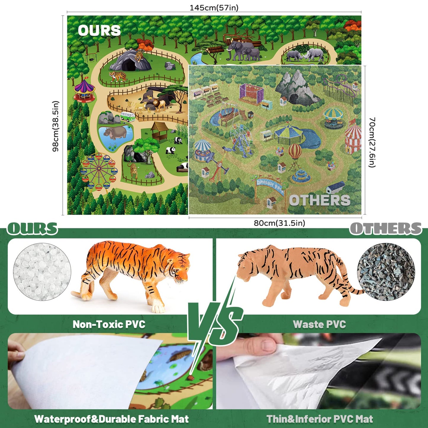 FRUSE Safari Animals Figures Toys w/ 57”x38.5”Jumbo Play Mat,12PCS Realistic Jungle Wild Zoo Animals Figurines Playset with Panda,Lion,Elephant,Educational Learning Toys for Toddlers Kids