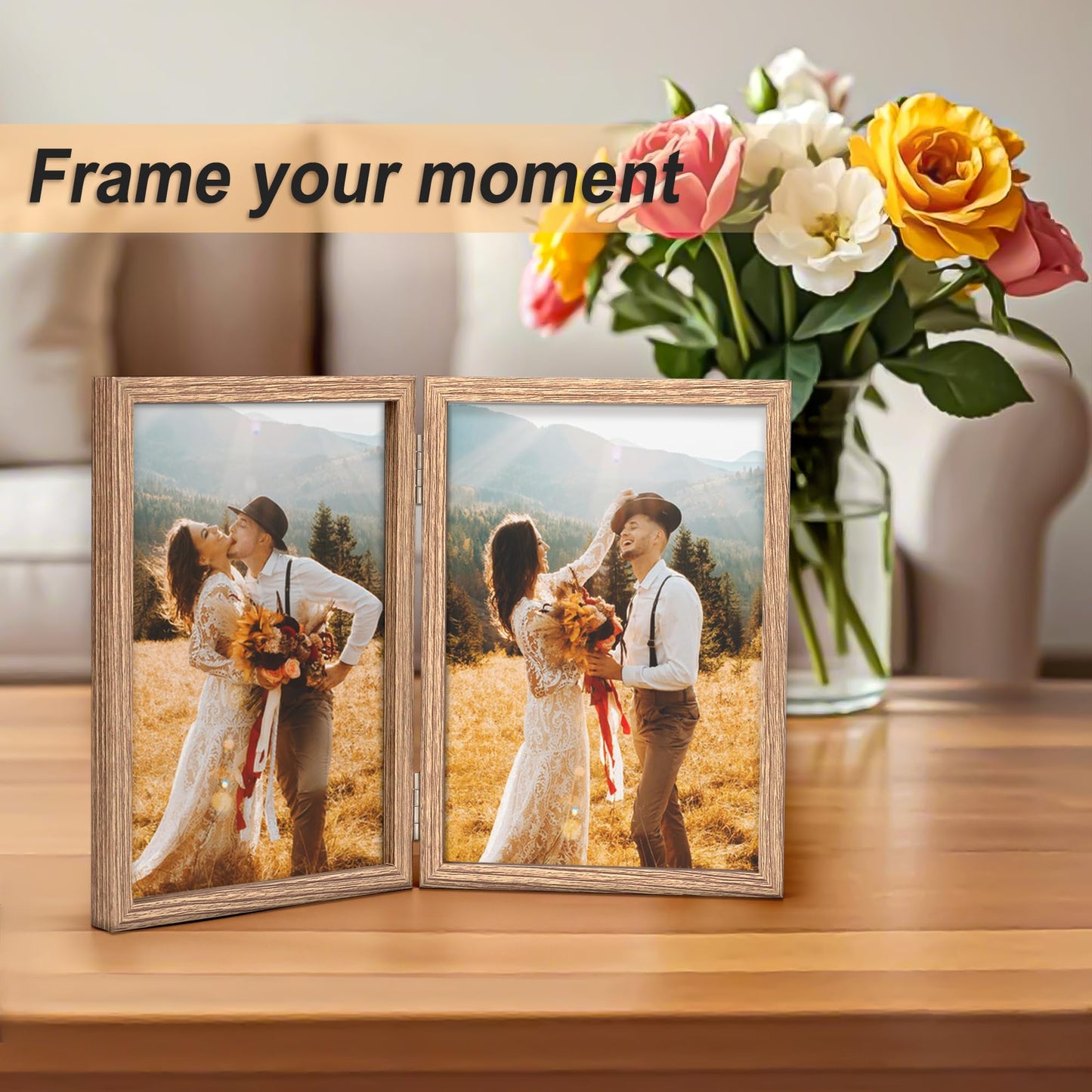 AEVETE 4x6 Picture Frames Double Hinged Wood Folding Photo Frames Vertical with Plexiglass Front