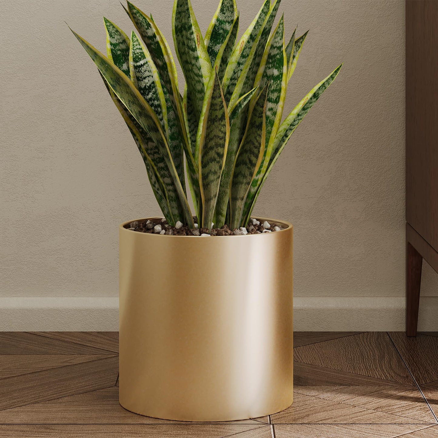 Rioneta Metal Plant Pot with Drainage Hole,Mid Century Modern 7 inch Round Pot Indoor Outdoor Planters Gift for Decorative Pots of Tabletop Living Room Bedroom Gold