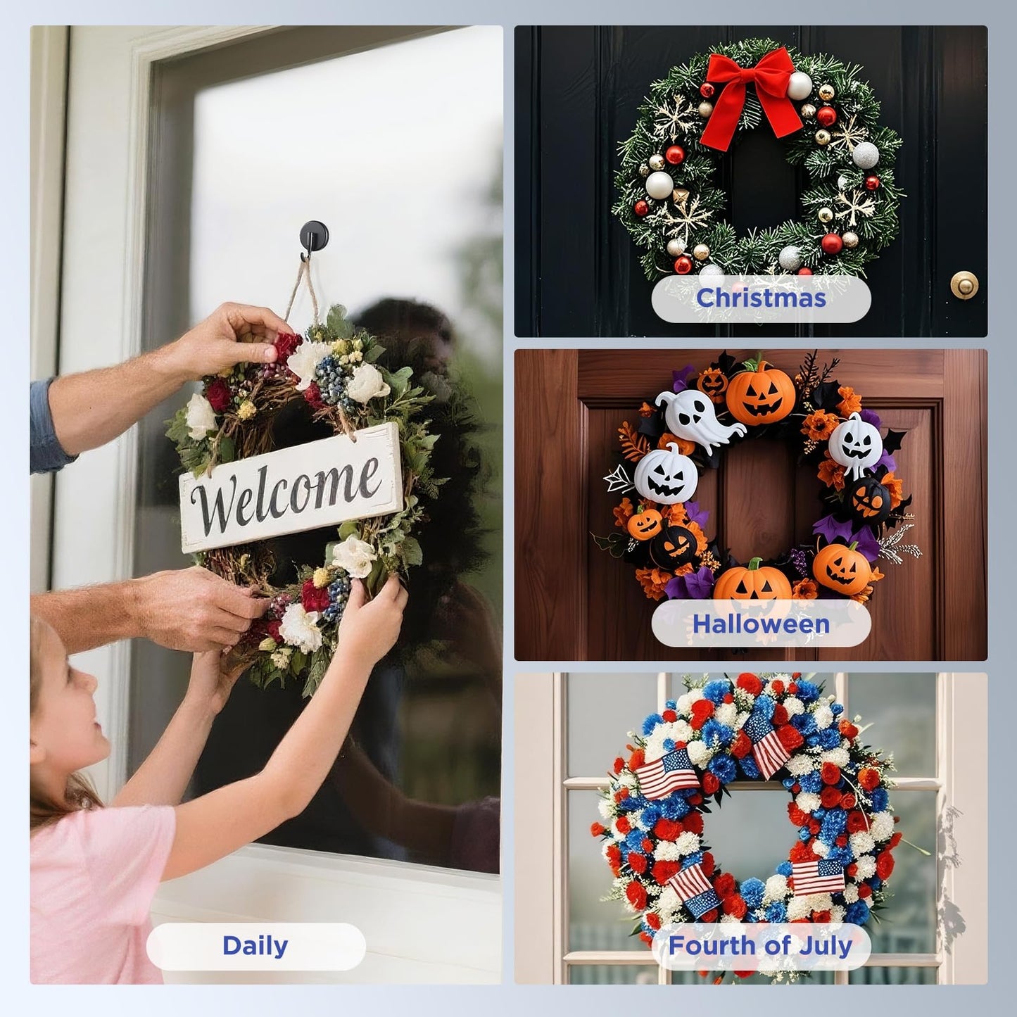 OUTXE Suction Cup Wreath Hanger, Upgraded Reef Hook for Front Door/Glass Window/Over Door, Christmas/Thanksgiving/Halloween/July 4th/Easter/Valentine/Spring/Summer/Fall (Black, 2-Pack)
