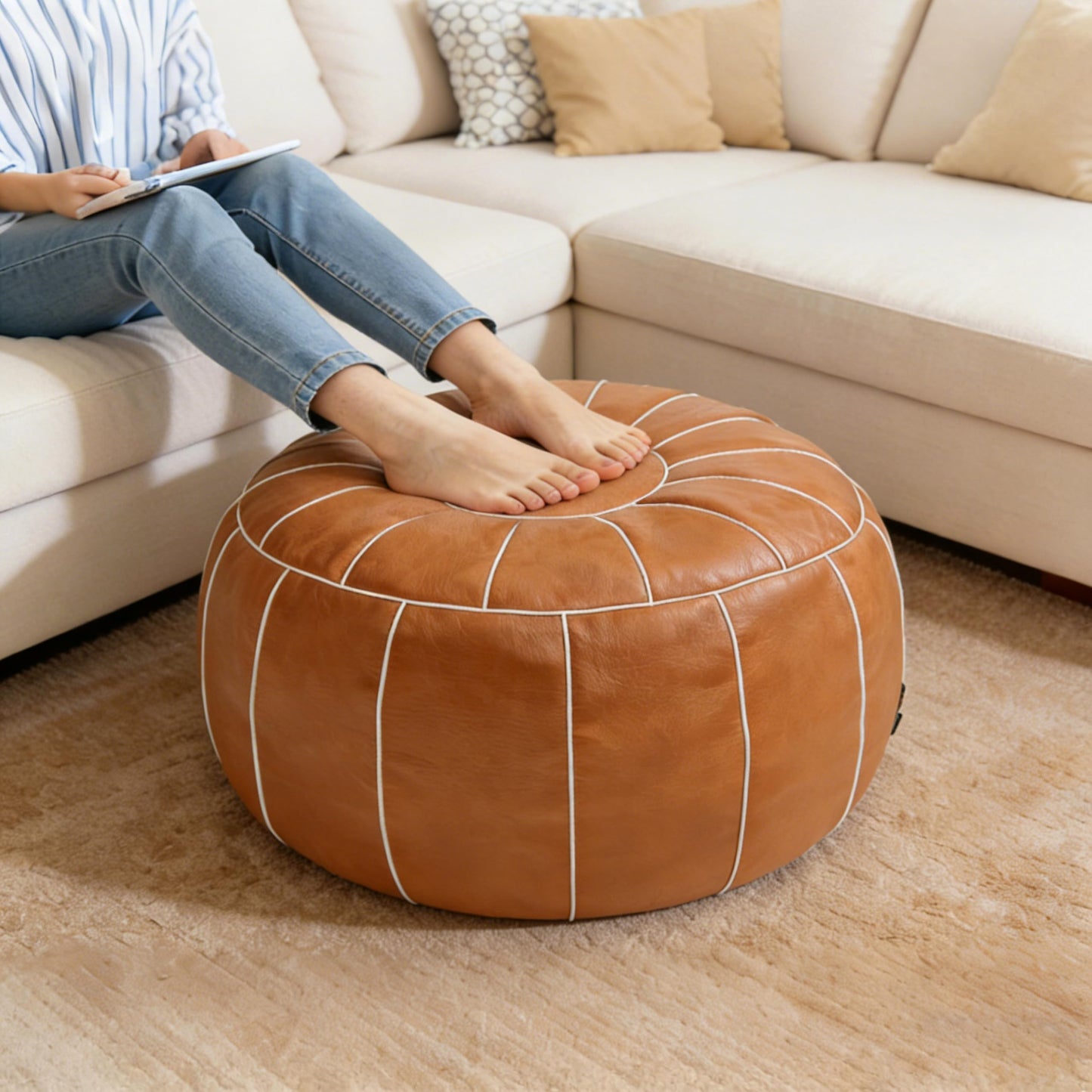 Thgonwid Unstuffed Moroccan Storage Pouf Foot Stool Ottoman Seat Handmade Faux Leather Bean Bag Floor Chair Foot Rest for Living Room, Bedroom or Balcony (Brown)